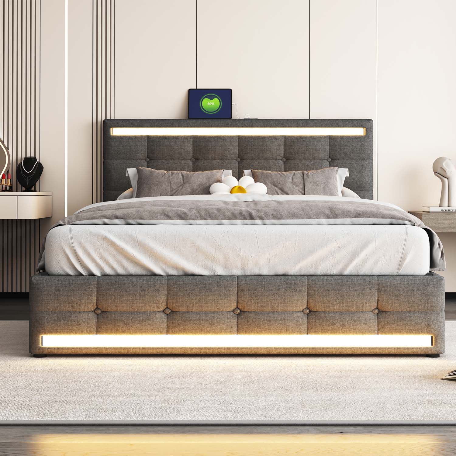 Lniane łóżko tapicerowane z 4 szufladami + LED i 2 portami USB + podstawa z listew - 140x200cm - len - szary