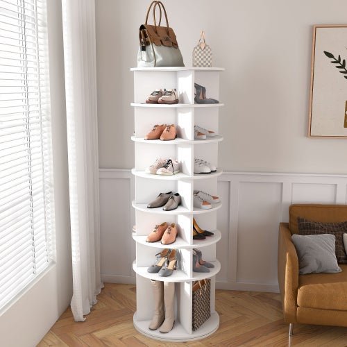 Tour à chaussures rotative 7 niveaux, rotation 360°, autoportante, gain de place pour 28 paires, base haute pour bottes, blanche (60×60×184 cm)