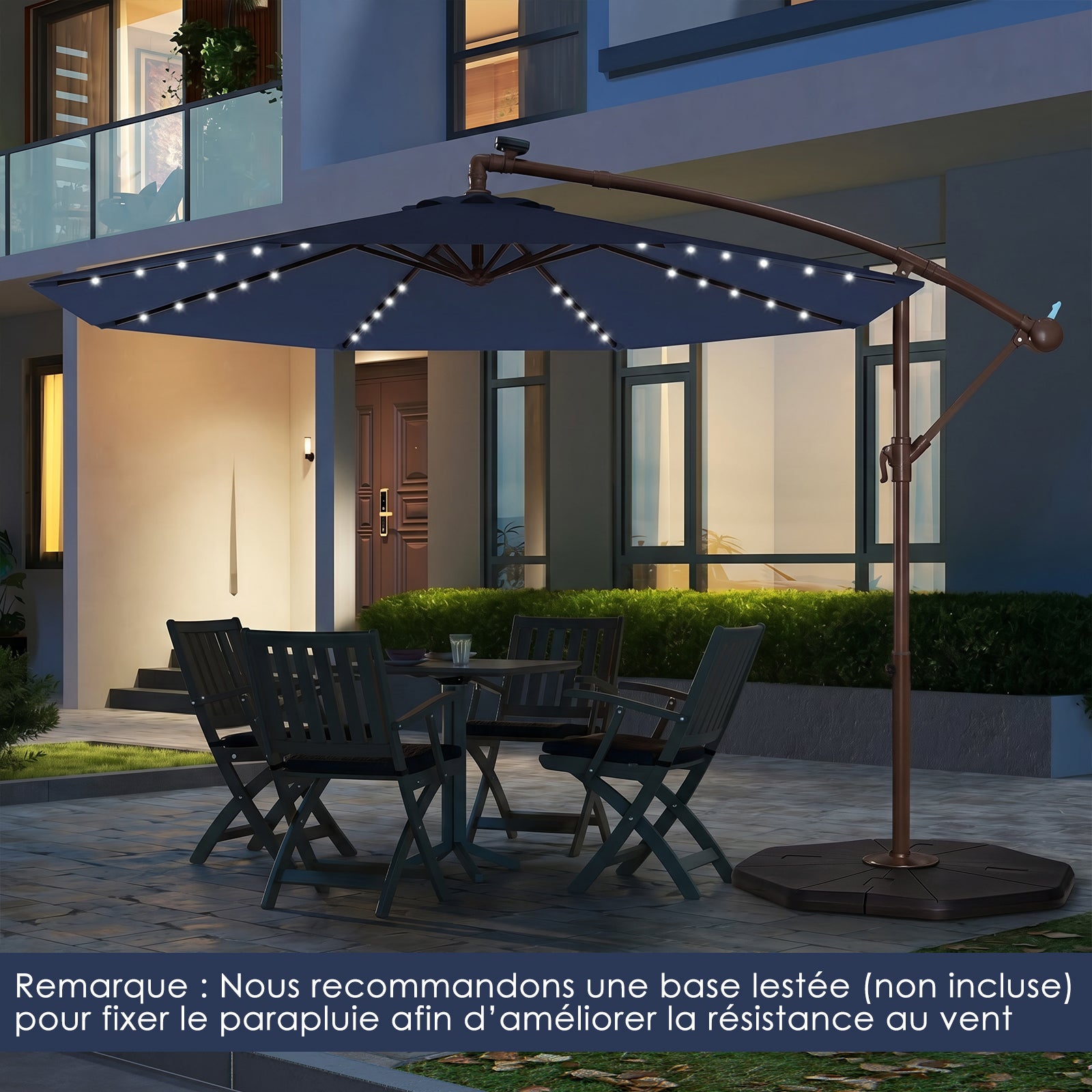 3M Parasol Déporté avec Lumière LED, Parasol de Jardin Extérieur 8 Baleines avec Base Croisée, Grand Parasol Inclinable avec Manivelle (Bleu Marine) - 9