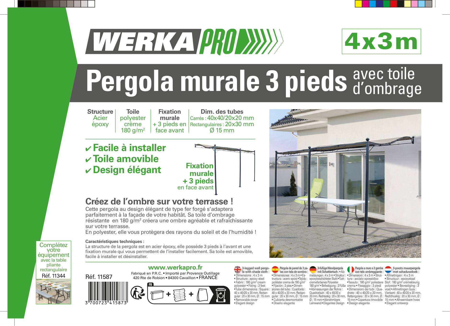 Pergola murale WERKA PRO 3x4 m acier epoxy beige avec toile et 3 pieds - 3