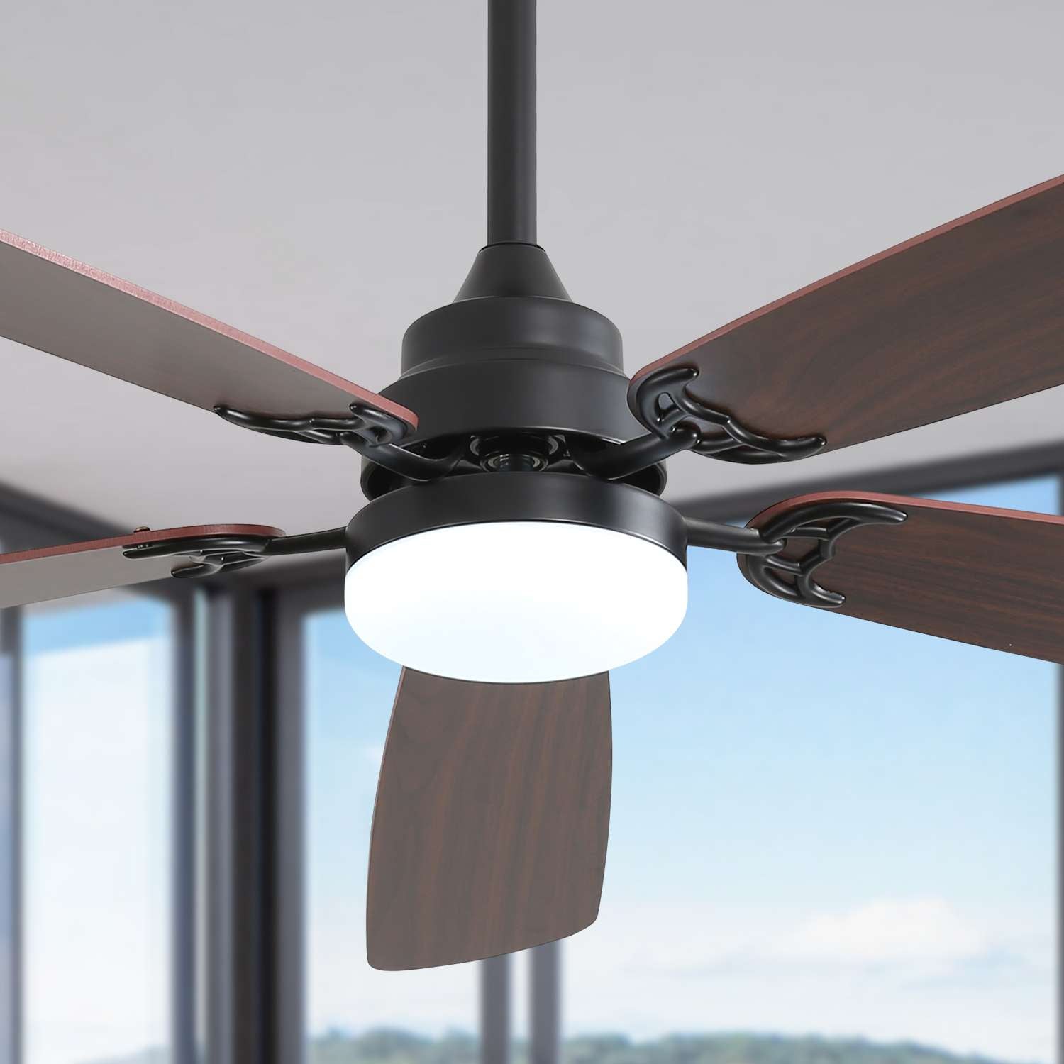 Ventilateur de plafond 52 pouces LED dimmable, moteur DC silencieux, 5 pales, 6 vitesses, télécommande multifonction, design moderne réversible - 6