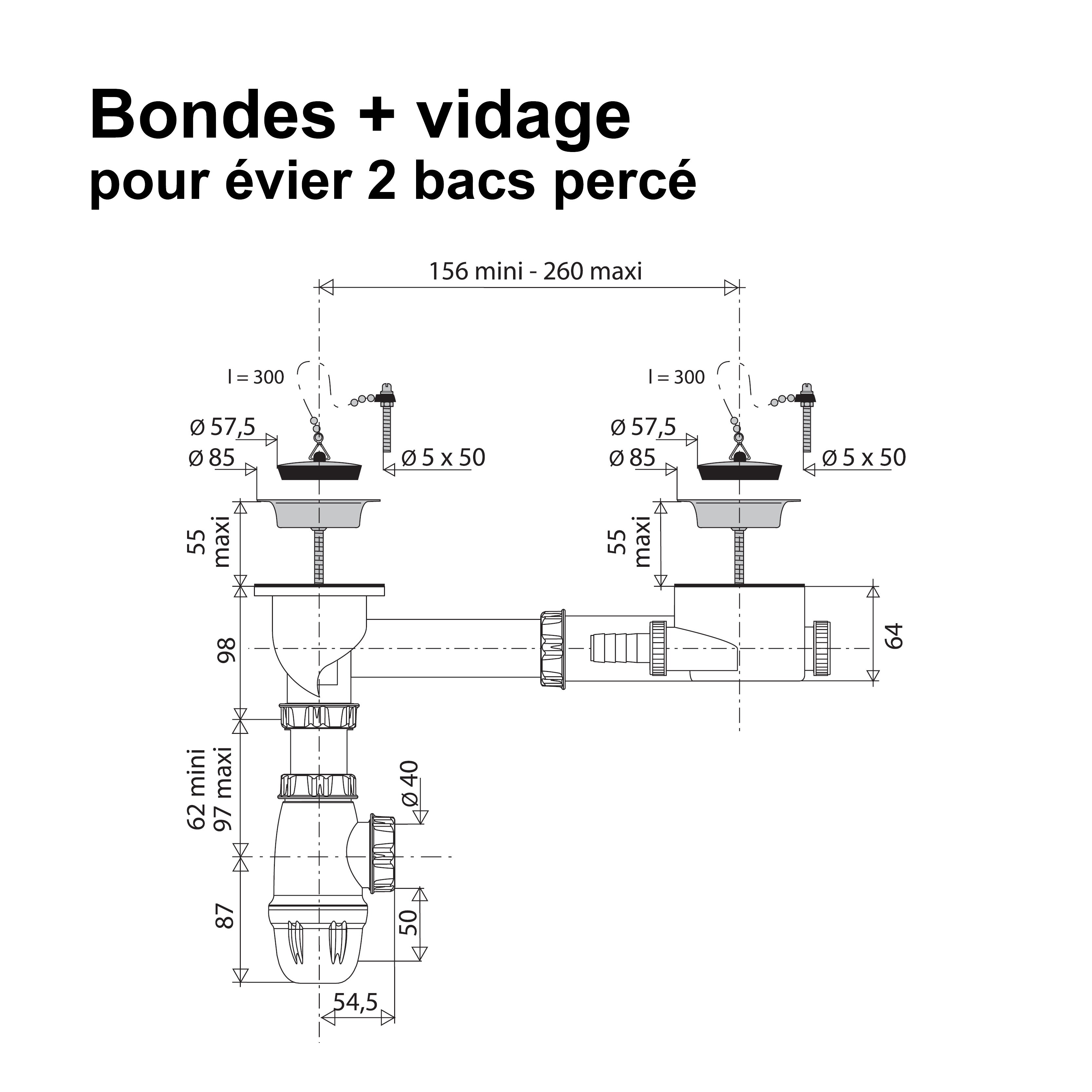 Rousseau - Bonde + Vidage - Avec trop-plein + Siphon pour évier 2 bacs percé - Ø 60 mm - Certifié NF - Blanc - 3