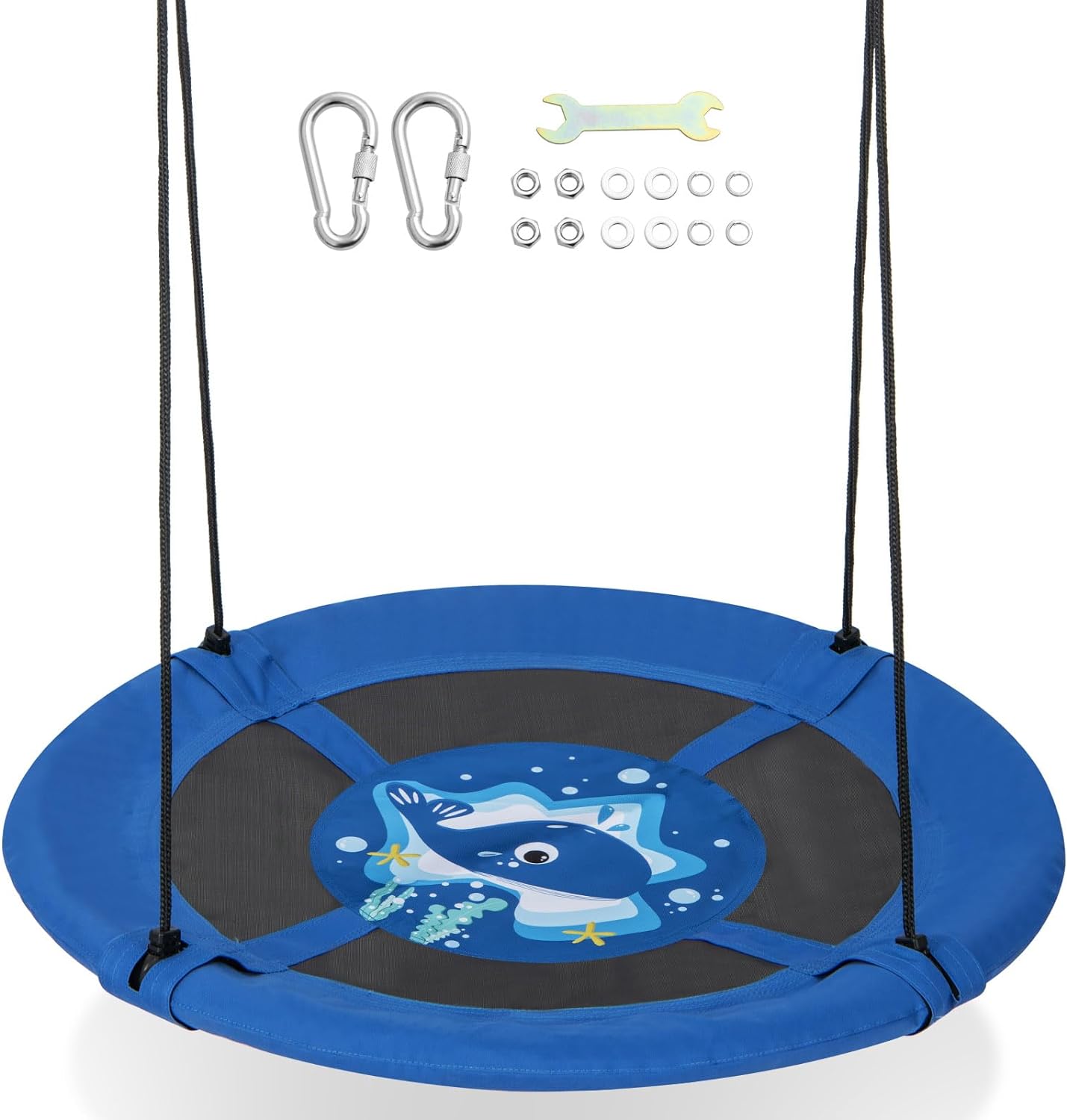 Huśtawka Ptaszka Okrągła, Huśtawka Ø102 cm, Regulacja Wysokości 140-180 cm, Maksymalne Obciążenie 150 kg, dla Dzieci 3-15 Lat (Delfin, Normalna)