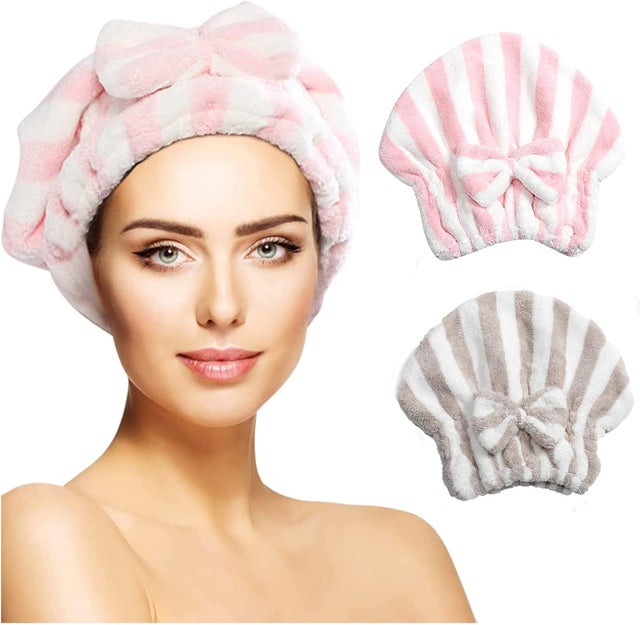 2 Turbans en Microfibre, Serviettes à Séchage Rapide, Foulard Doux tous types cheveux, sèche cheveux bouclés/mouillés/longs