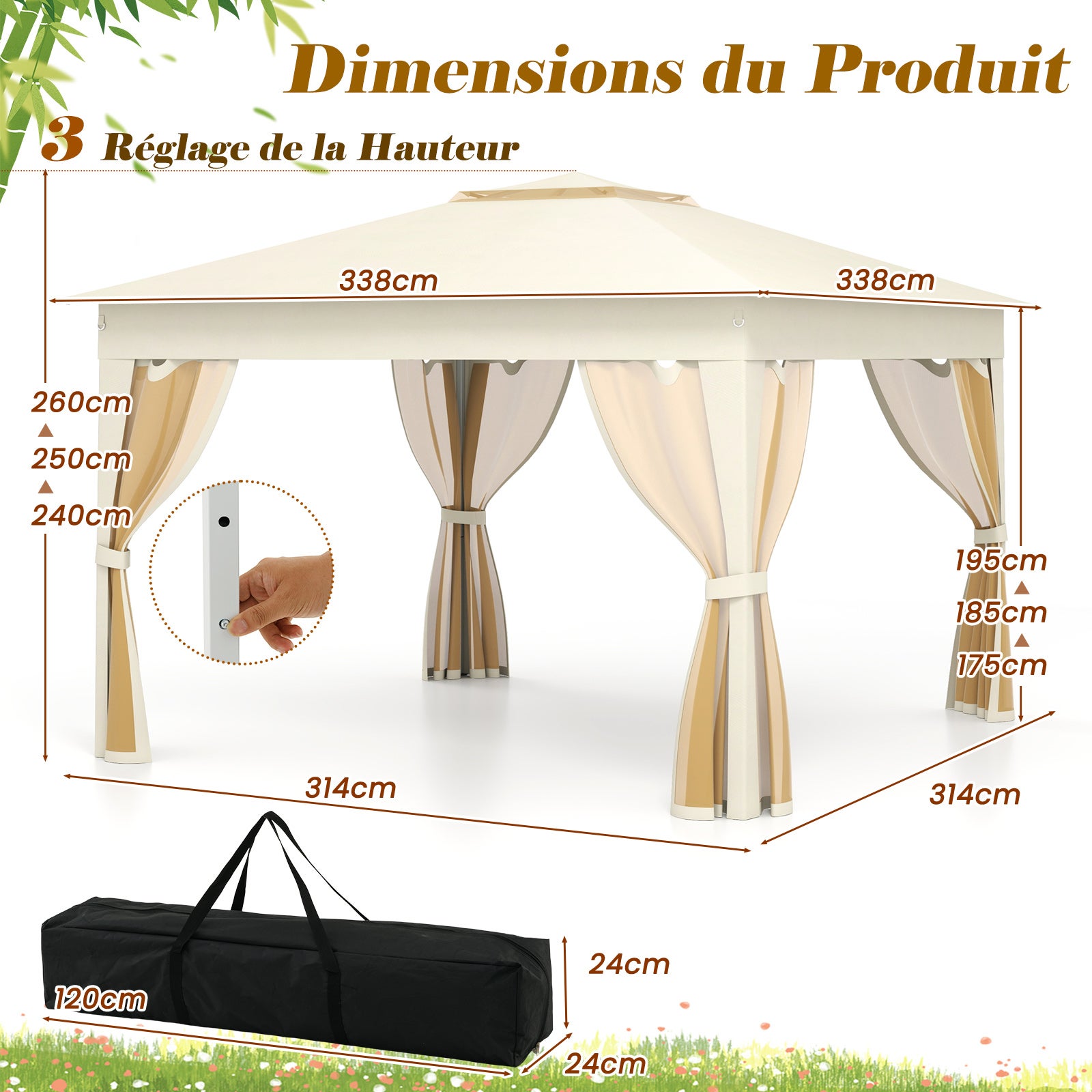 Tonnelle de Jardin 337 x 337 CM avec Filet en Maille 4 Côtés, Tente de Réception à Double Toit avec Sac de Transport Protection Solaire, Beige - 3