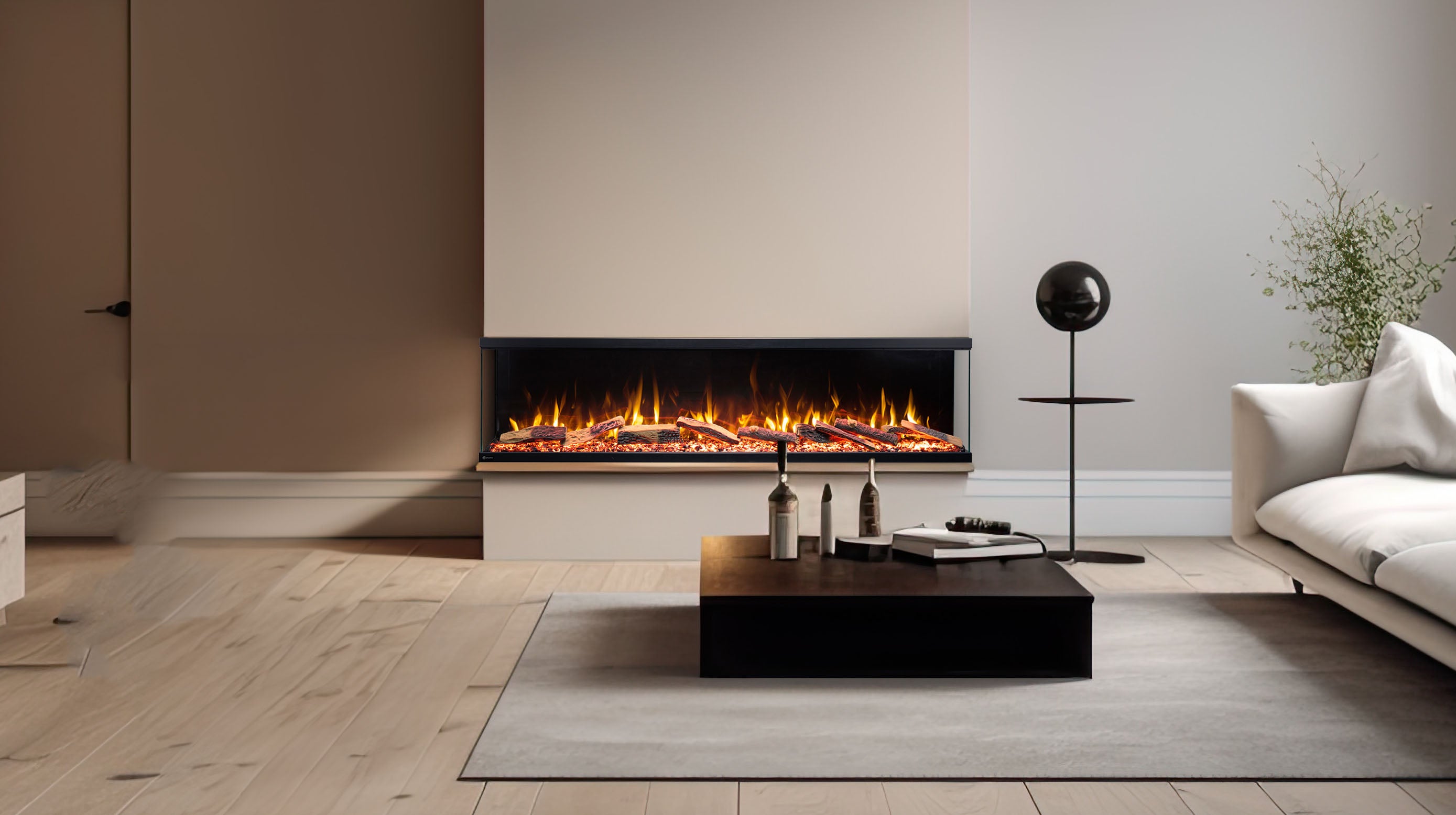 Cheminée électrique à 3 côtés AFLAMO Unique 166 - feu premium - murale ou encastrable - 165x44x20 cm - cheminée LED décorative - chauffage 750/1500 W - 4