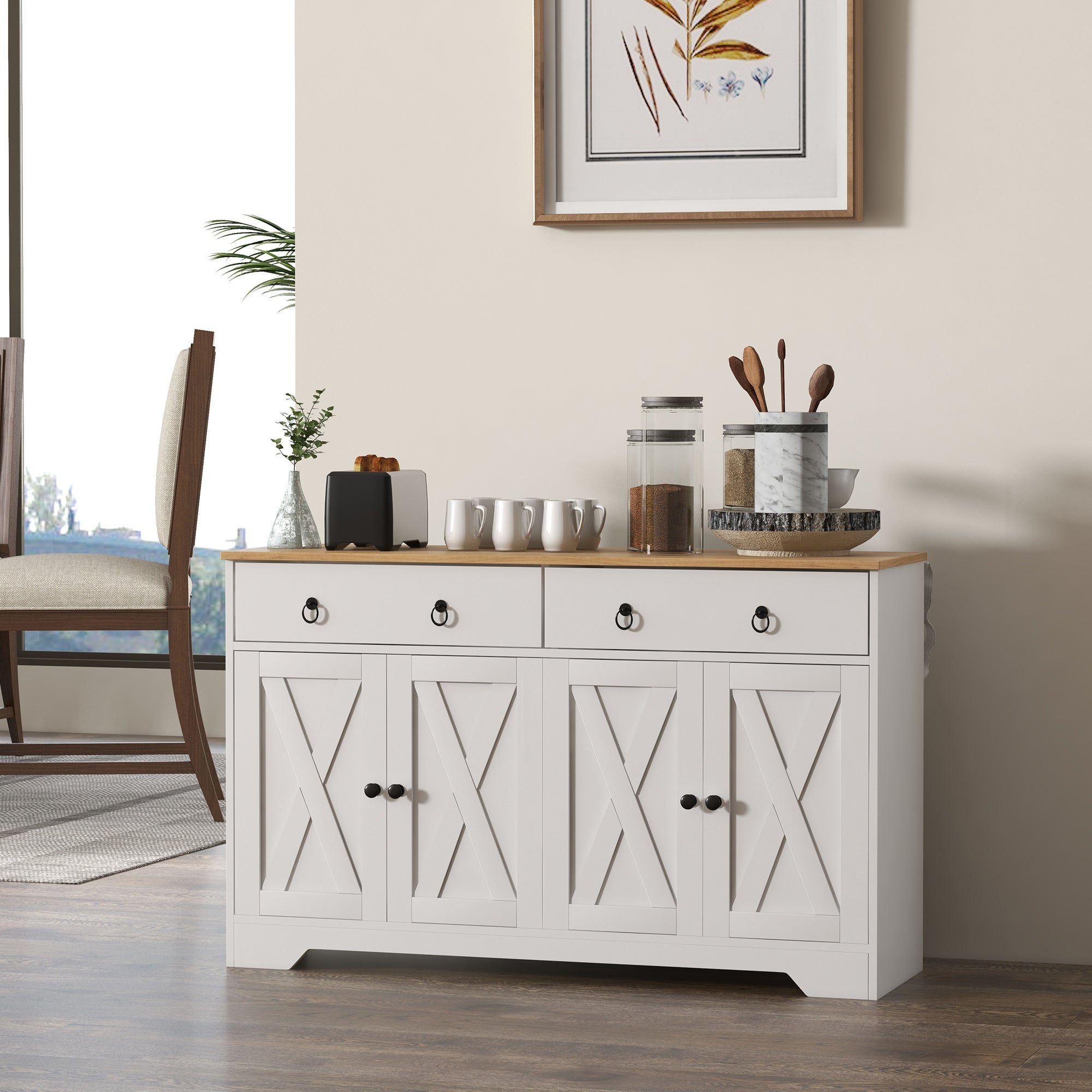 Buffet meuble de rangement armoire de cuisine style rural 2 tiroirs et 2 placards étagères à hauteurs réglables blanc - 3