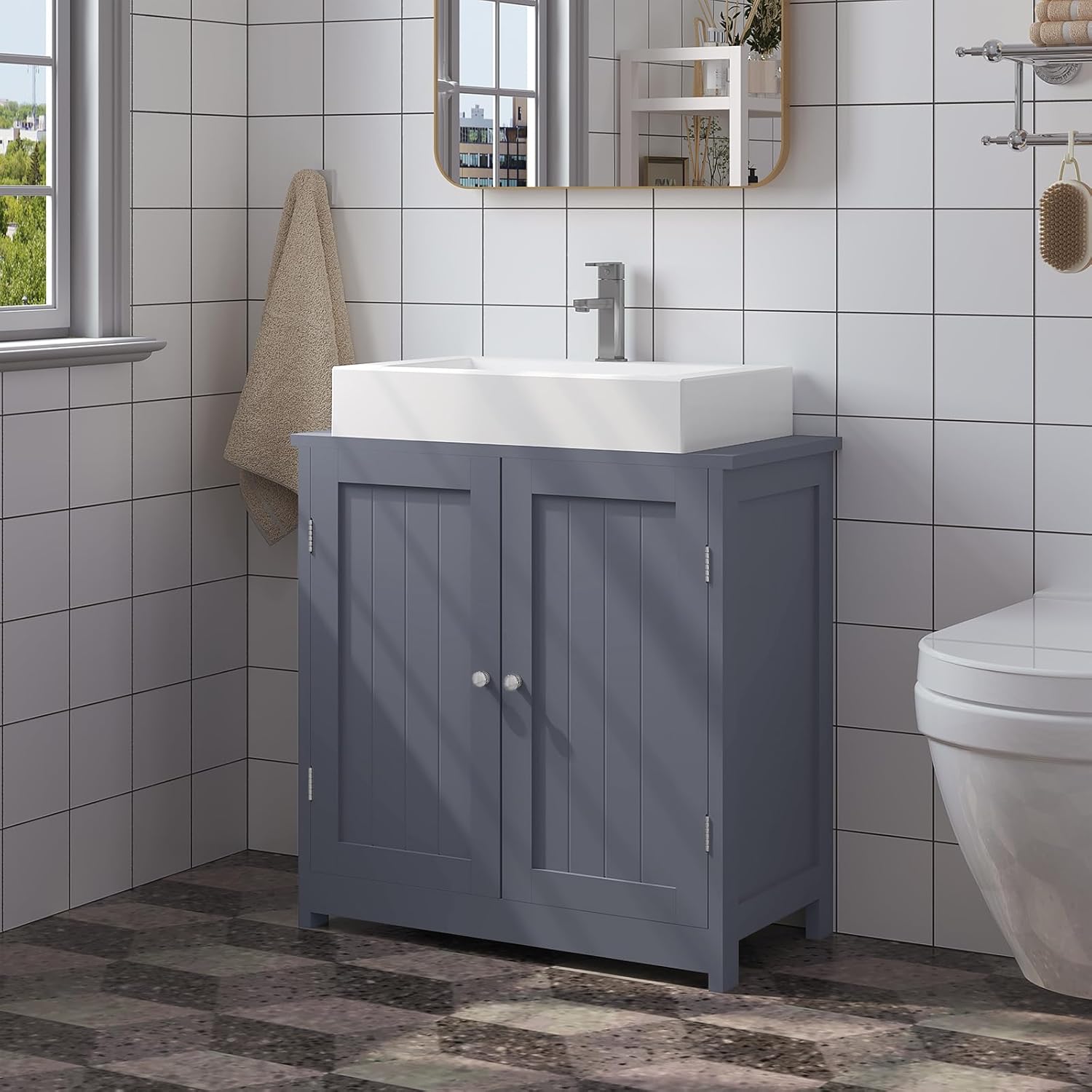 Meuble de salle de bain - Meuble sous lavabo en bois - Meuble de rangement - Armoire de salle de bain - en MDF - 60x60x30cm - Gris - WOLTU - 2