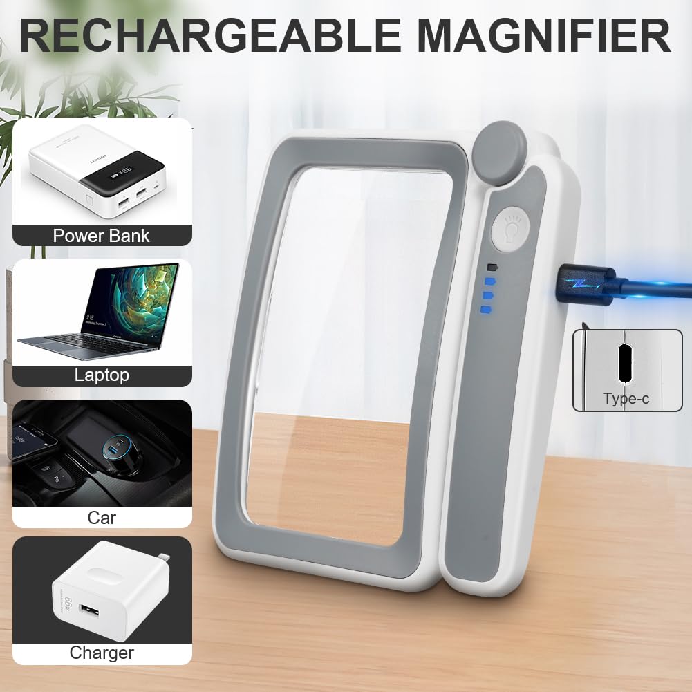 Loupe De Lecture Lumineuse 5x Rechargeable - Mains Libres, Grand Format - Idéale Pour Bricolage Ou Couture