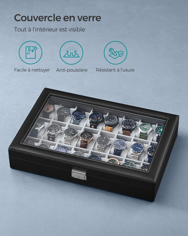 Boîte à Montres, Verrouillable, Écrin, Organisateur, avec 16 Compartiments, Couvercle en Verre, PU, Doublure en Gris et Surface en Noir d'Encre - 6