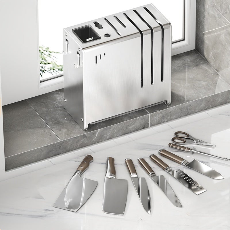 Soporte para cuchillos de cocina de acero inoxidable con cilindro para palillos – Organizador multifuncional, 22,5 x 11 x 24 cm - 3