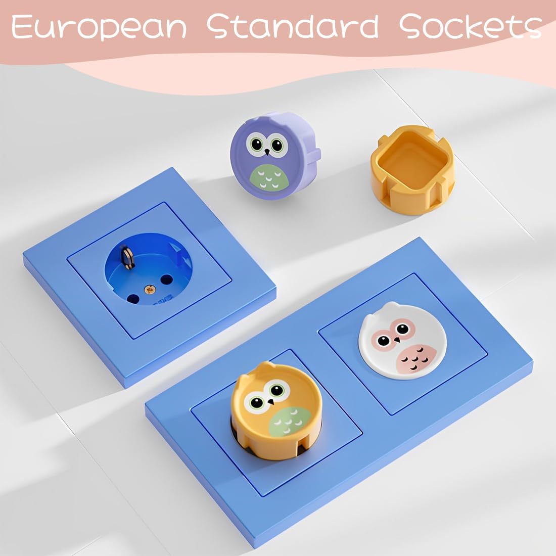 Ensemble de 4 protections de prise de courant pour bébé - Protections de prise de courant en silicone motif hibou - Sécurité enfant (blanc et abricot) - 4