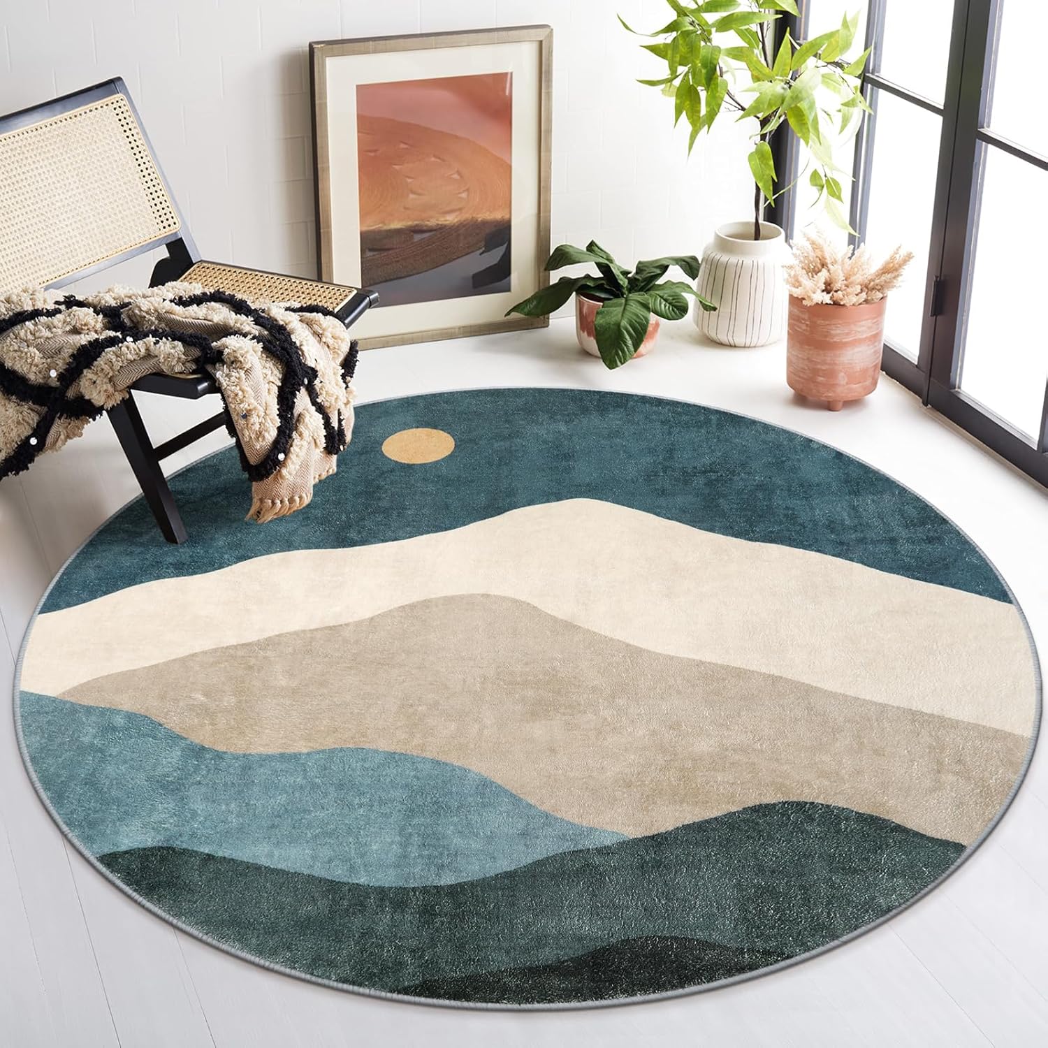 Tapis rond de 100 cm, tapis de sol antidérapant lavable, tapis décoratif doux à poils ras, adapté au salon, à la chambre, à la salle à manger - 7
