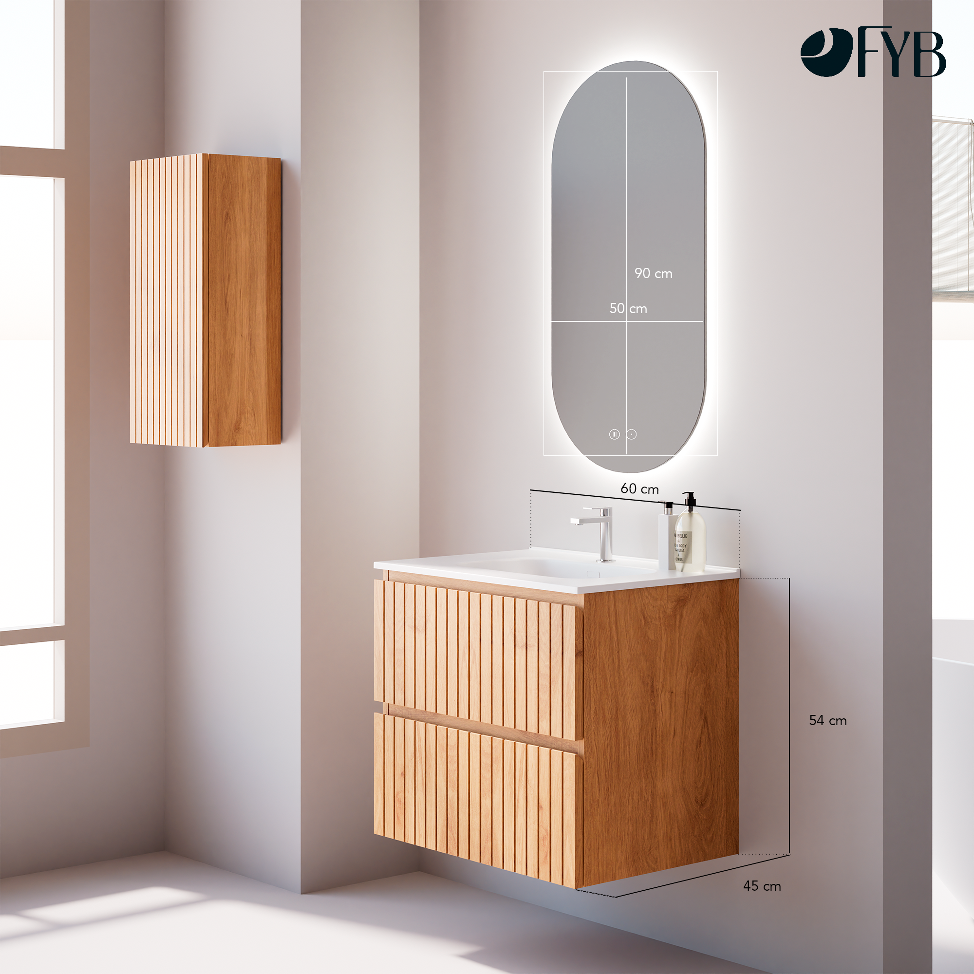Feel Your Bath Meuble Salle de Bain TIGER 60 cm Chêne Nordique, Plan Céramique Blanc, Miroir Ovale LED Antibuée 50x90, 2 Tiroirs Soft Close - 3