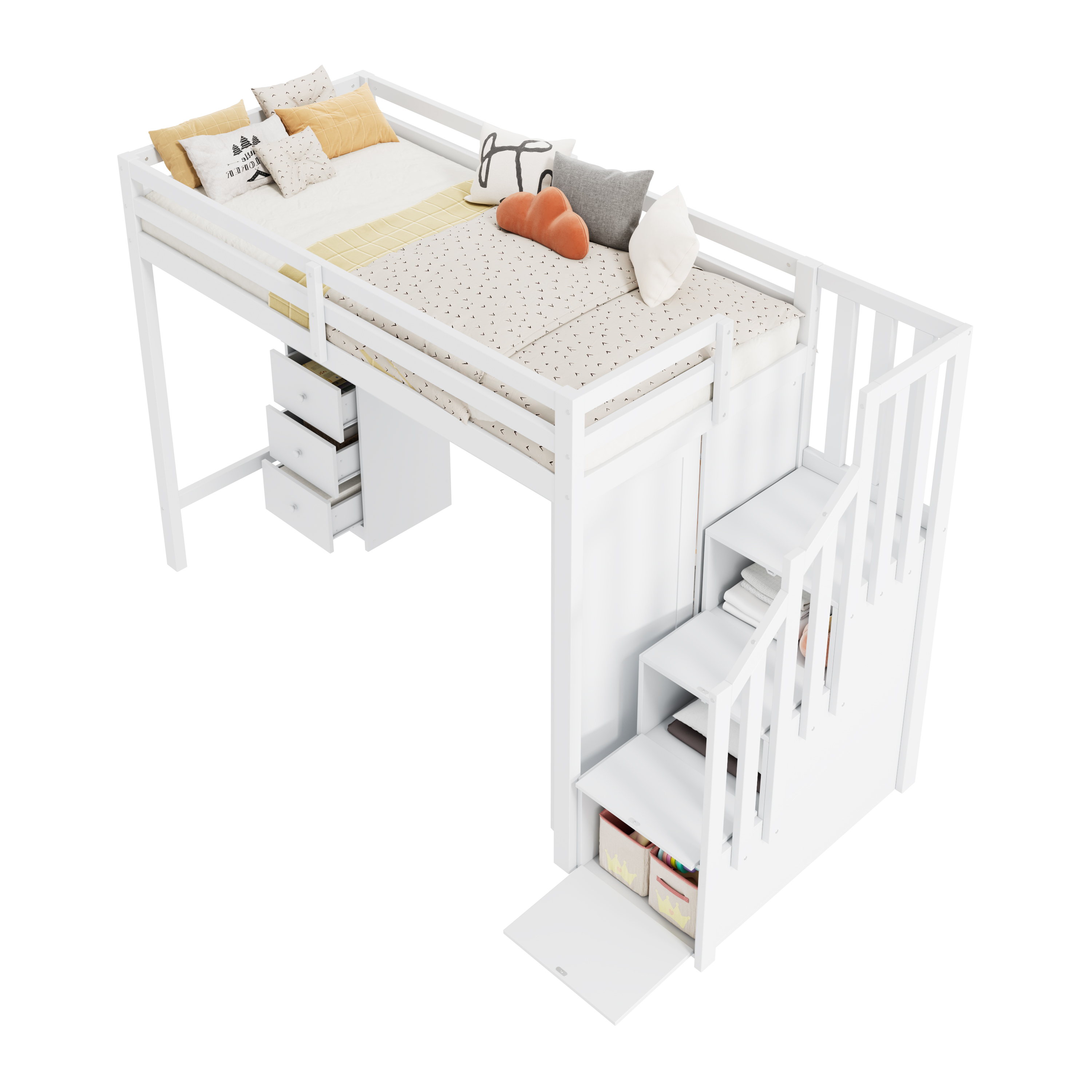 Lit superposé enfant 90 x 200 cm avec bureau, armoire et rangements, escalier sécurisé, bois massif blanc - 8