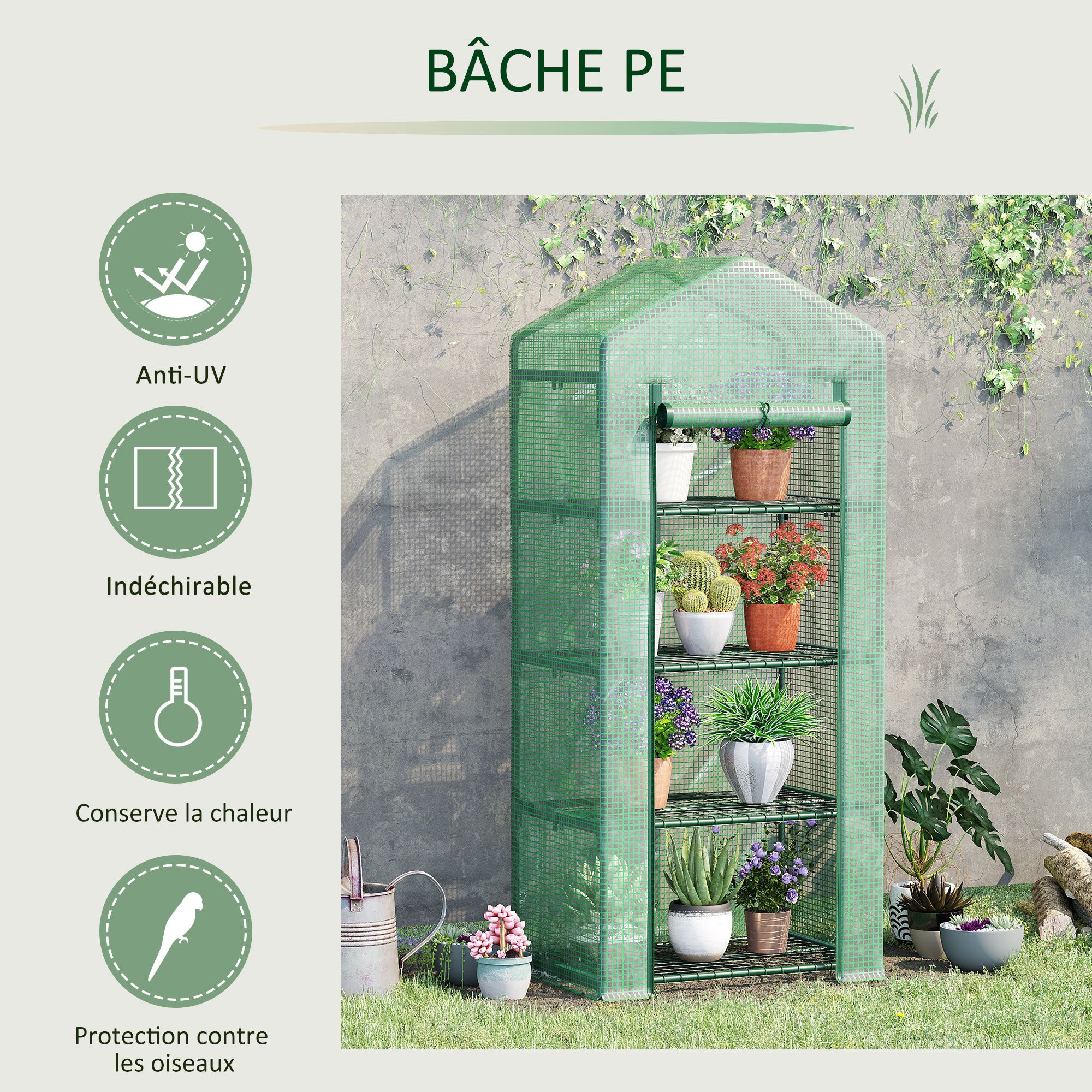 Serre de jardin PE avec étagères 4 niveaux, serre de balcon, bâche renforcée 140 /m², châssis en acier,pour légumes plantes,70x50x160cm, vert - 7