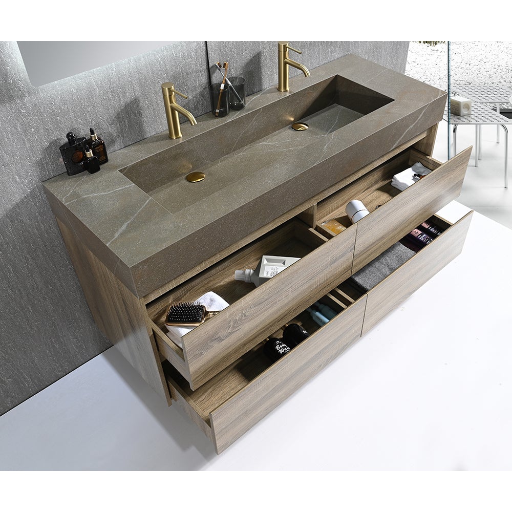 Meuble salle de bain double vasque 120cm bois et effet marbre marron avec miroir LED LB-8476M-120 - 4