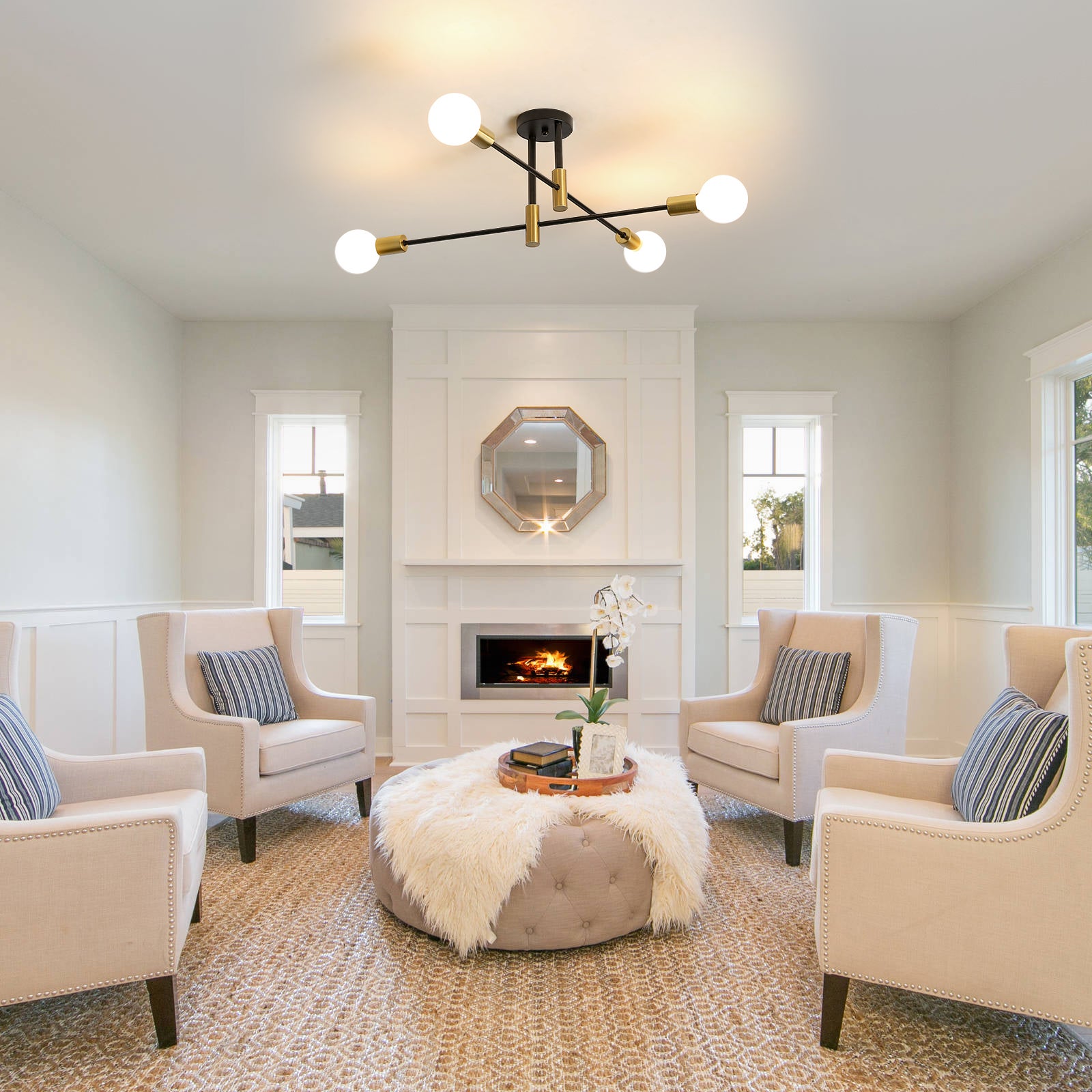 GLAMARIS Plafonnier Lustre Noir Industriel 4 Lumières,E27 Sans Ampoule,71x71x26.5cm,Éclairage Décoratif pour Salon,Chambre et Salle à Manger - 6