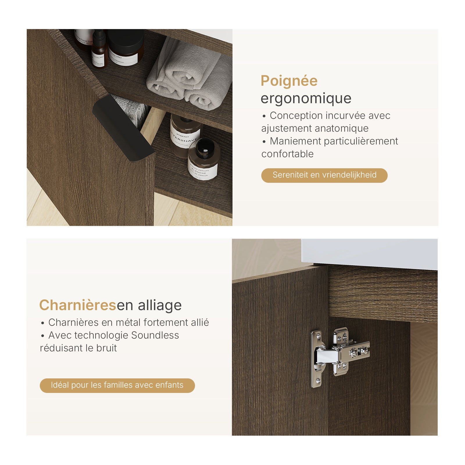 EMKE Meuble de salle de bains l.41.5 x H.64.5 x P.24 cm - Décor Chêne Fumé à portes avec Vasque céramique blanche - 3