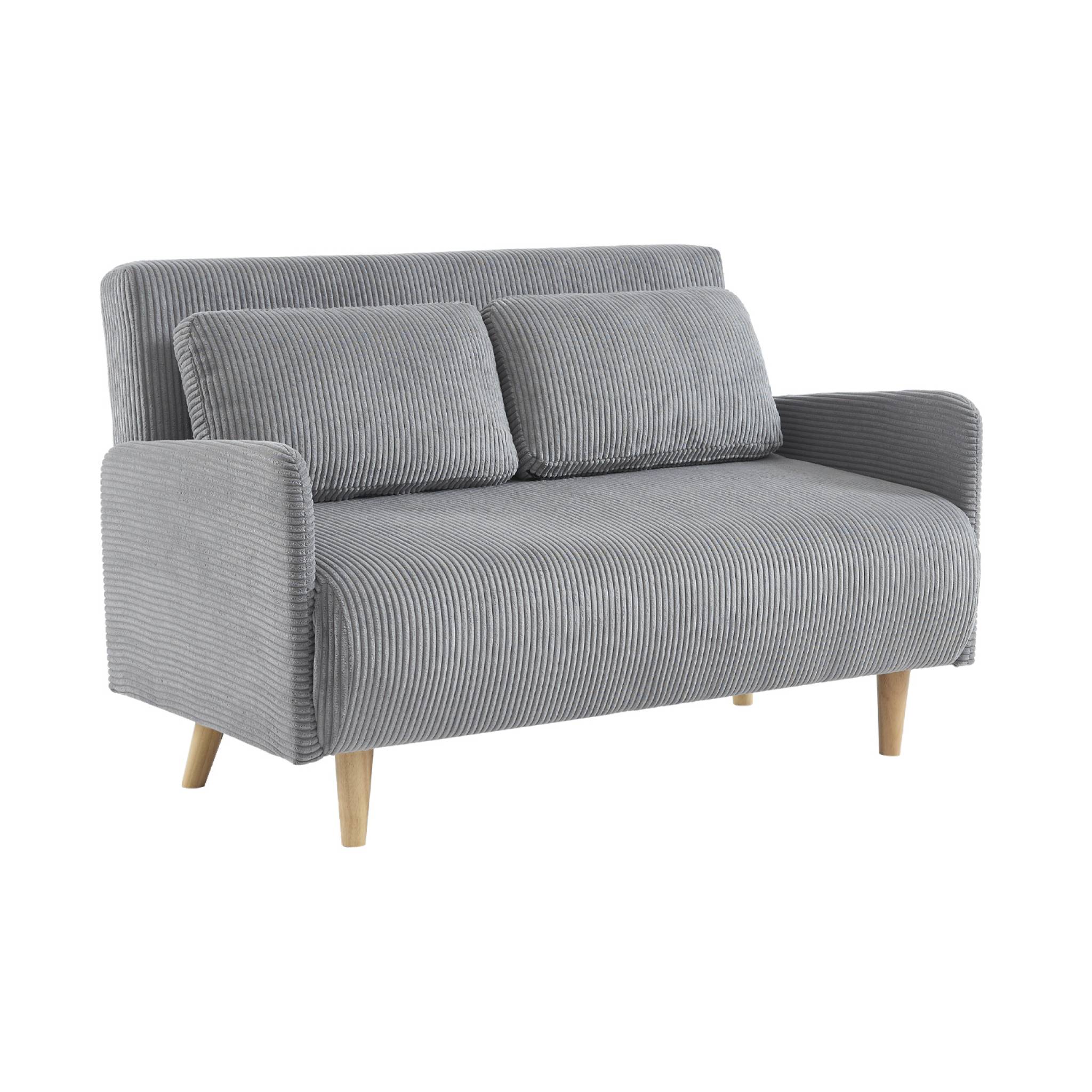 Sofá cama de pana de 2 plazas con patas de madera, panam pana, gris claro, 131x75x81 cm