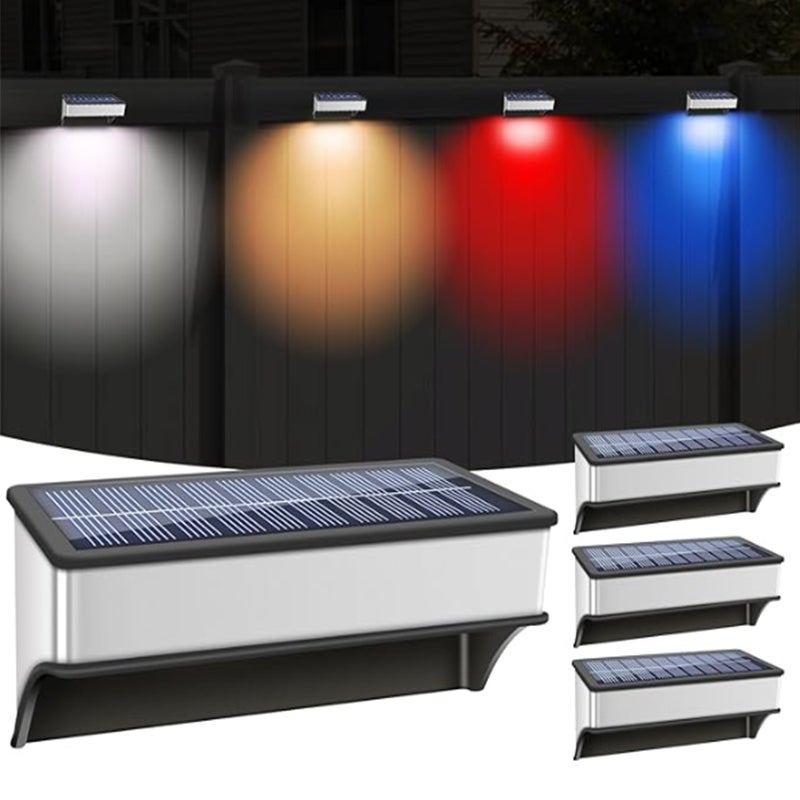 Kwadratowa, zewnętrzna, solarna lampa ścienna ze stali nierdzewnej, światło do ogrodzenia RGB ze zmiennymi kolorami, 4 sztuki