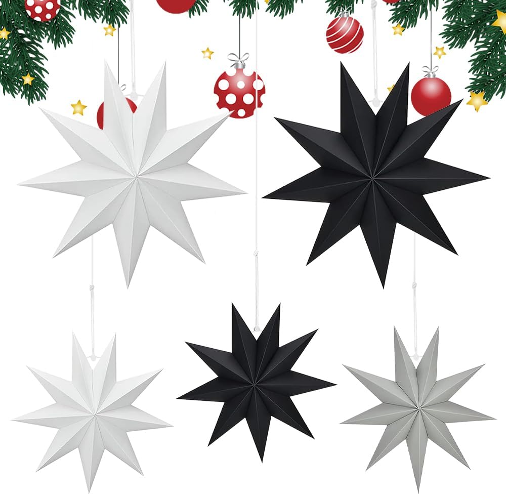 5 Étoiles En Papier Noir à Suspendre – Lot 3x25cm + 2x30cm Pour Décoration Mariage, Anniversaire Et Fête