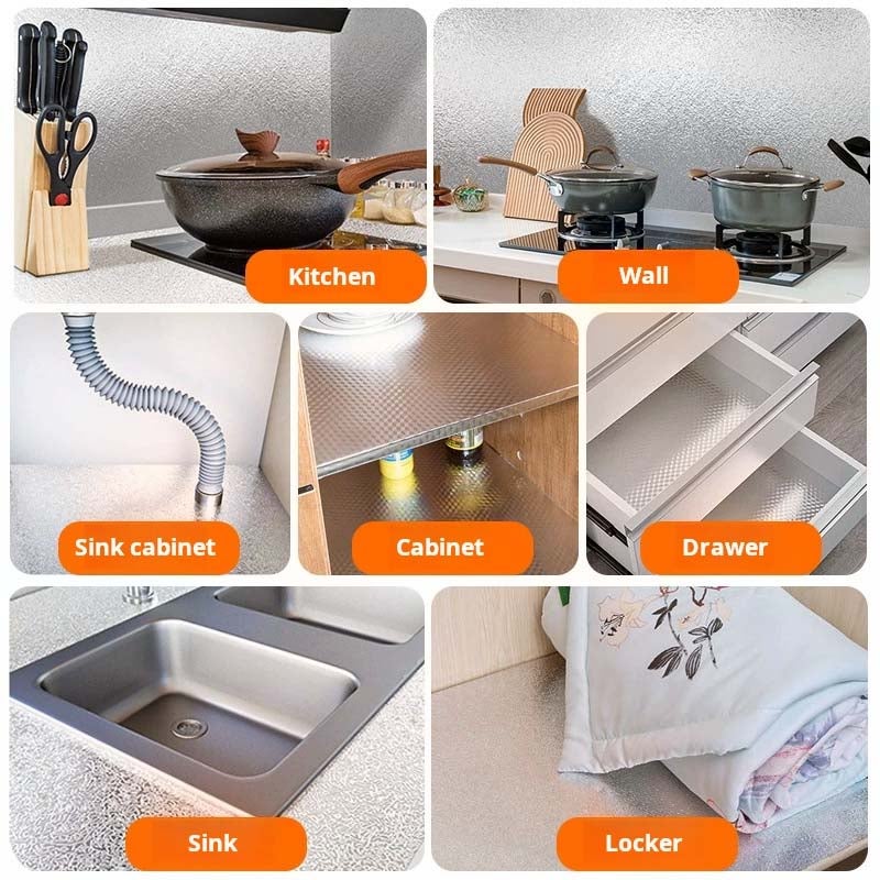 1 rotolo pellicola alluminio cucina resistente al calore - adesivo impermeabile e antiolio per credenza, cassetto -facile da pulire, moderno, durevole - 8