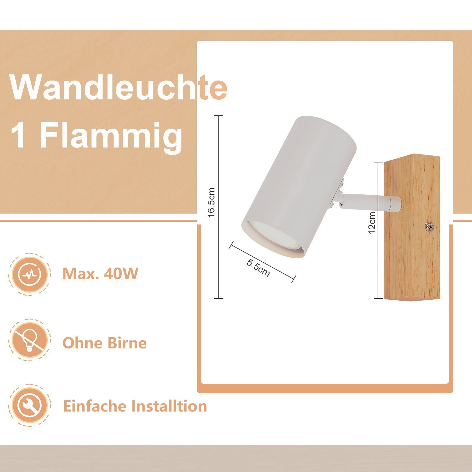NETTLIFE Foco de Techo 1 Bombilla Lámpara de Pasillo Pasillo de Madera Lámpara de Techo Blanca Metal Moderno GU10 350° para - 3