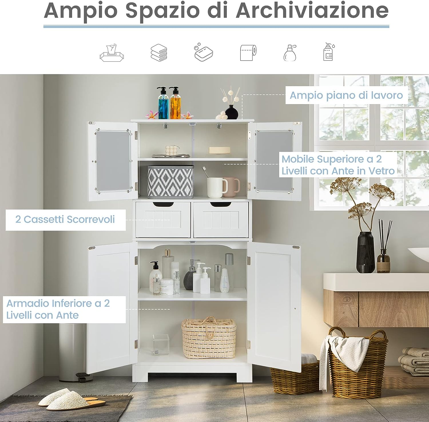 Colonne Salle de Bain Armoire Haute avec 4 Portes 2 Tiroirs,60 x 30 x 128 cm - 7