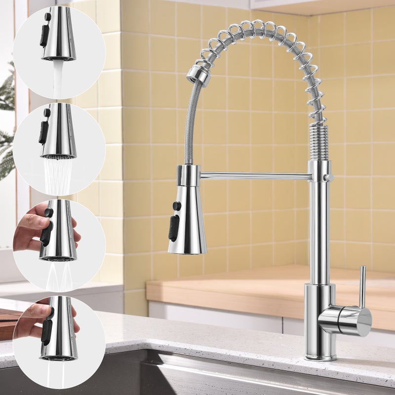 Chromowana bateria kuchenna z wyciąganą wylewką, bateria kuchenna ze sprężyną, obracająca się o 360° bateria kuchenna, 4 rodzaje strumienia do wyboru