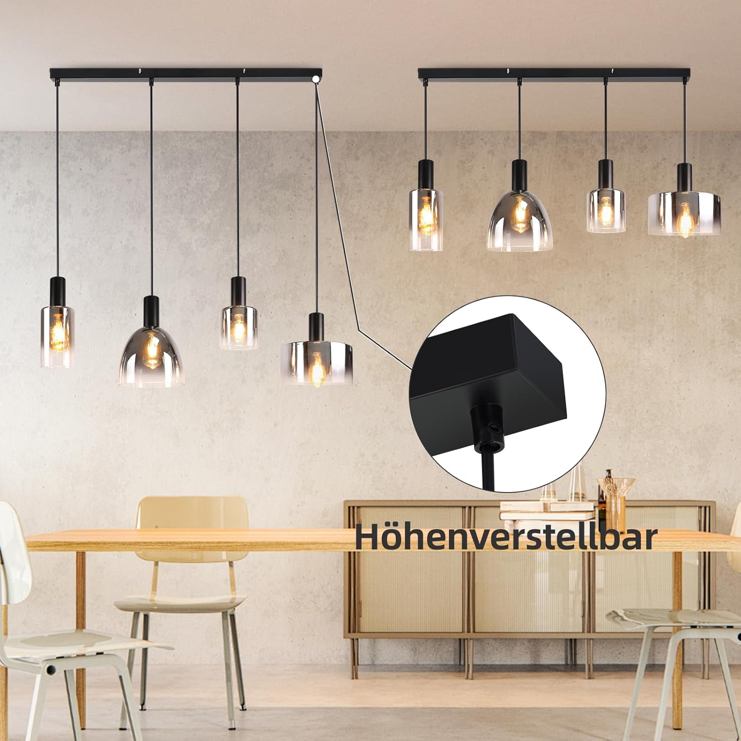 ZMH Suspension Lustre salle à manger 3/4 flammes E27 gris fumée 180CM Suspension Lustre cage d'escalier - 6