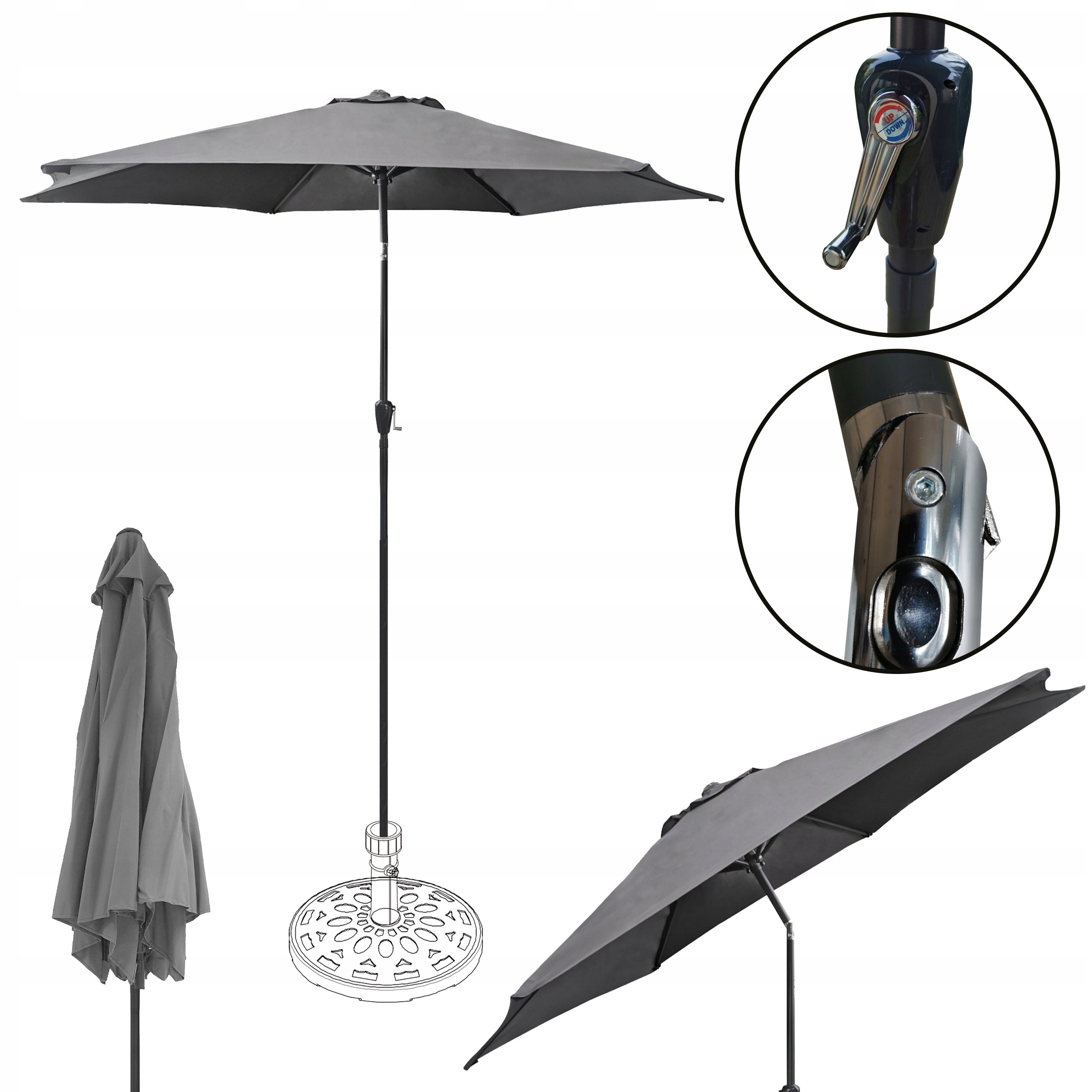 Duży składany regulowany parasol ogrodowy 270cm Boston ciemny szary