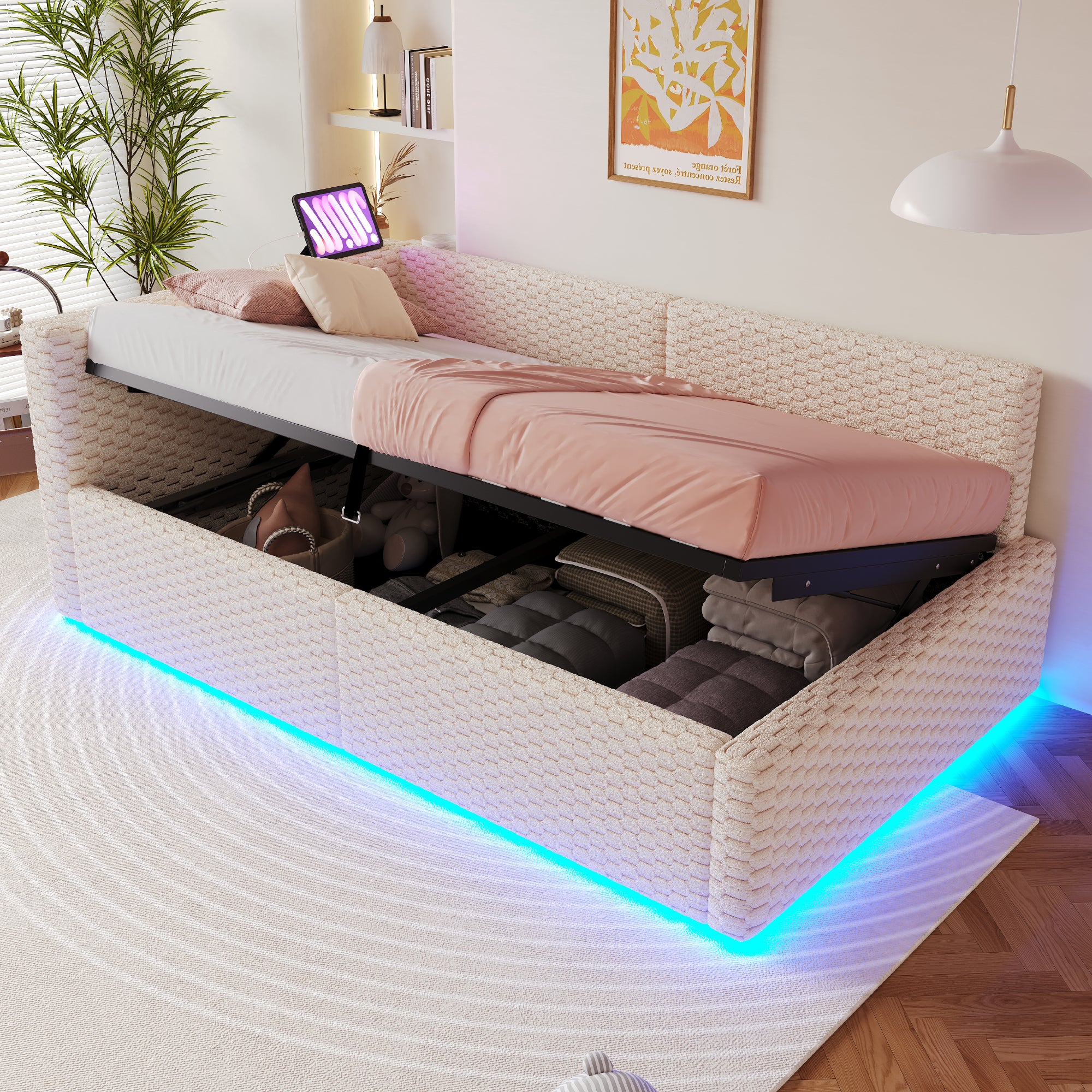 Wielofunkcyjne łóżko z pojemnikiem 90 x 200 cm z diodami LED i portami USB/USB-C - Aksamit, MDF i sklejka - Beżowe (materac nie jest wliczony w cenę)