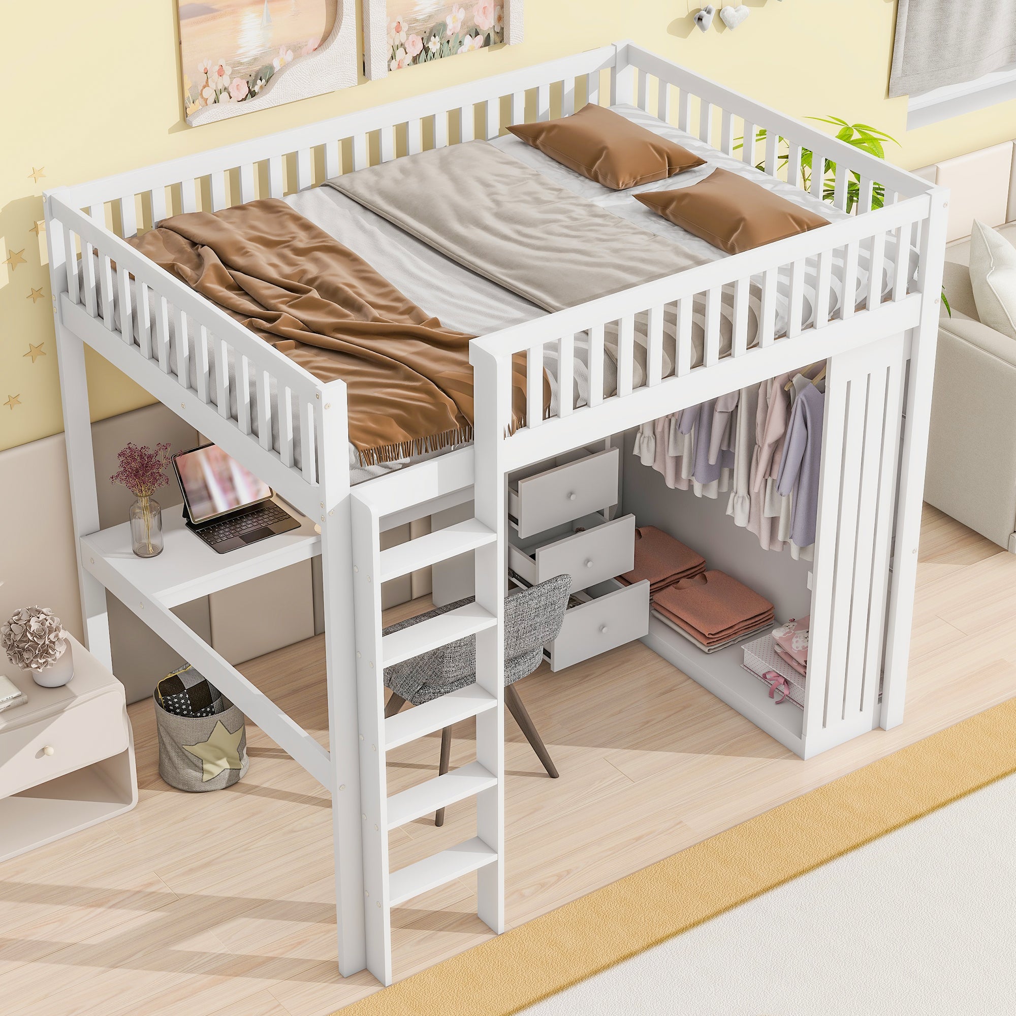 Letto a soppalco, 140 x 200 cm, scrivania, armadio, 3 cassetti, vano portaoggetti aperto, ringhiera, scale, senza materasso, bianco - 5