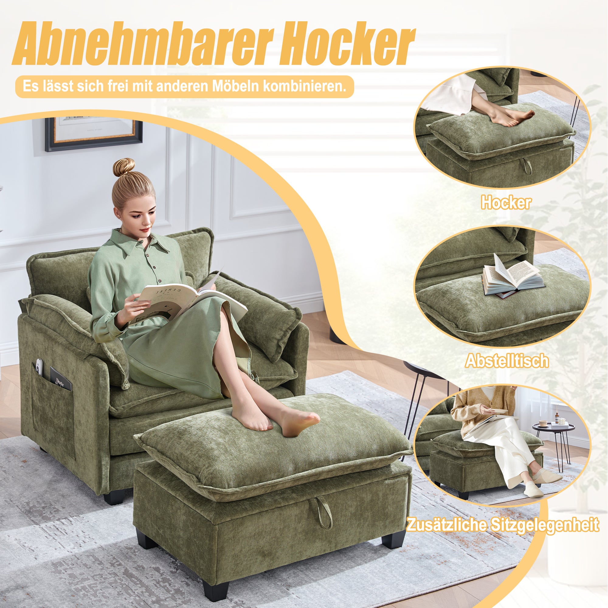 Fauteuil Relax , 3 Places Avec Coussins Et Accoudoirs À Poches Revêtement Chenille Vert - 7