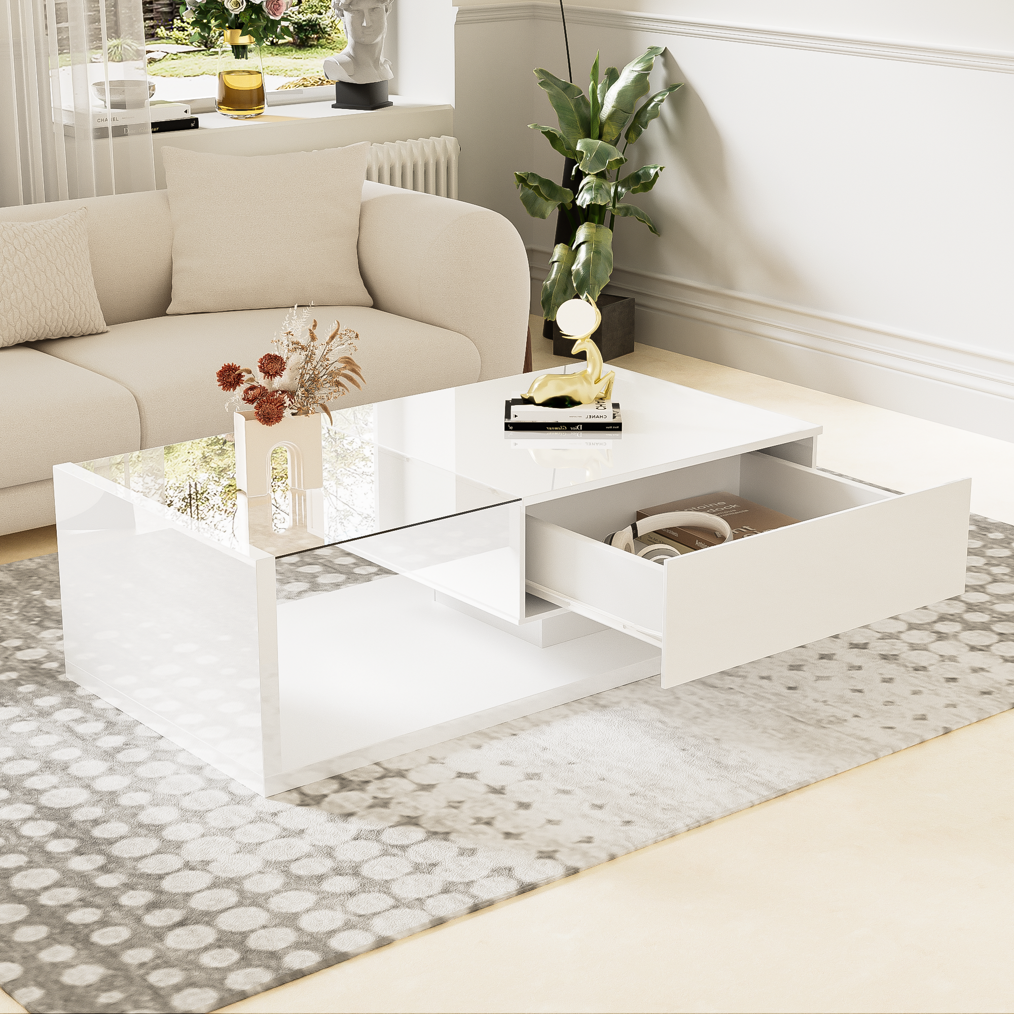 Table basse avec LED - en verre et panneaux de particules - Blanc - 6