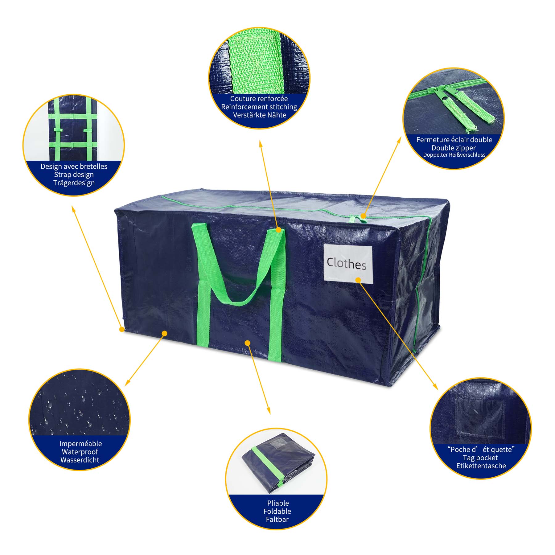 Lot de 5 sacs de déménagement grand format - sacs de rangement avec sangles de sac à dos et poignée - bleu - VOUNOT® - 6