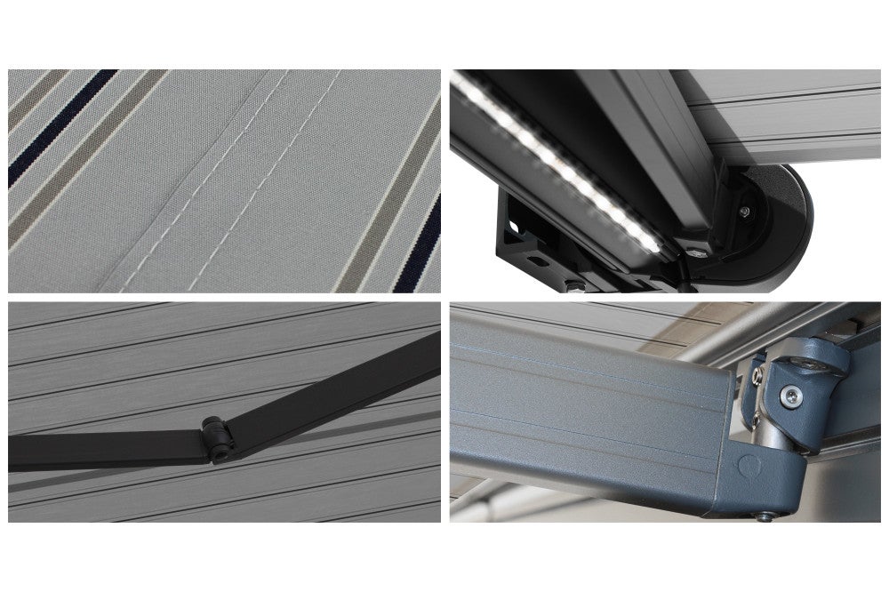 Store banne Coffre intégral PROTECT 2 LED Gris Anthracite 6x3,5m Motorisé à télécommande + Eclairage LED - Toile Grise Rayée - 5