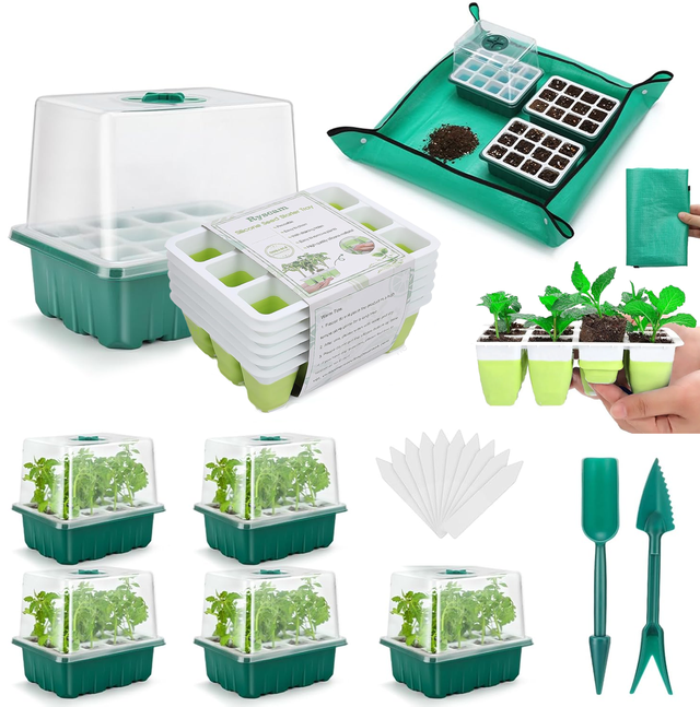 Ensemble de 5 plateaux de semis, kit de germination réutilisable avec pots en silicone, outils de semis, tapis de repiquage et étiquettes vierges