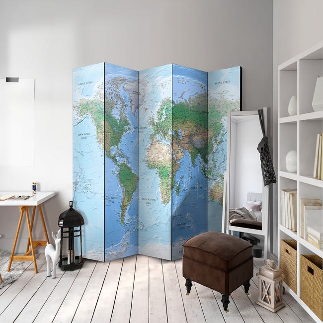 Paravento Decorativo Originale: Mappa Colorata Mondo - Divisorio Per Ambienti 225x172 Cm