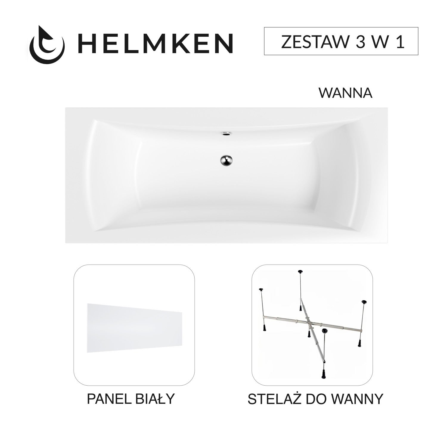 Wanna akrylowa Helmken Belgravia 180x80 + Panel Biały + Stelaż uniwersalny do wanien Helmken 21230020 / 35110180-3S