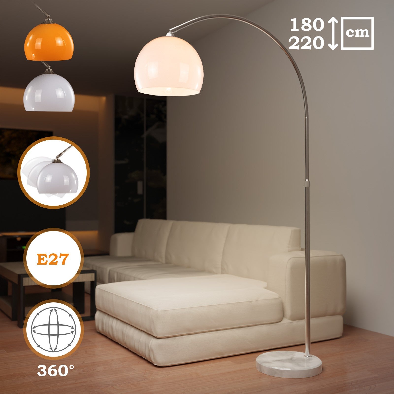 Lampe Arc - Hauteur réglable (145-220 cm), abat-jour rotatif, base ronde en marbre, E27, max. 60 W, ou LED - 8