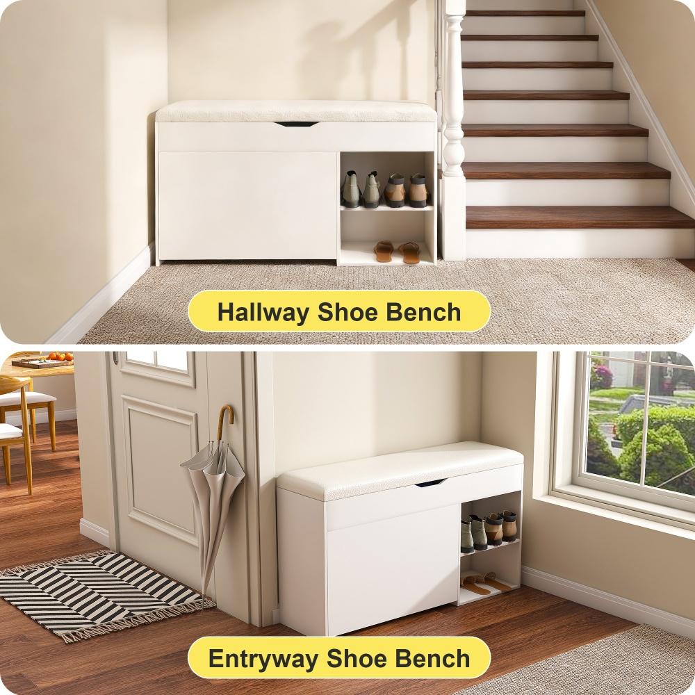 Banc à chaussures MDF blanc 100x30x52 cm avec rangement secret, design moderne minimaliste, coussin PU confortable - 4