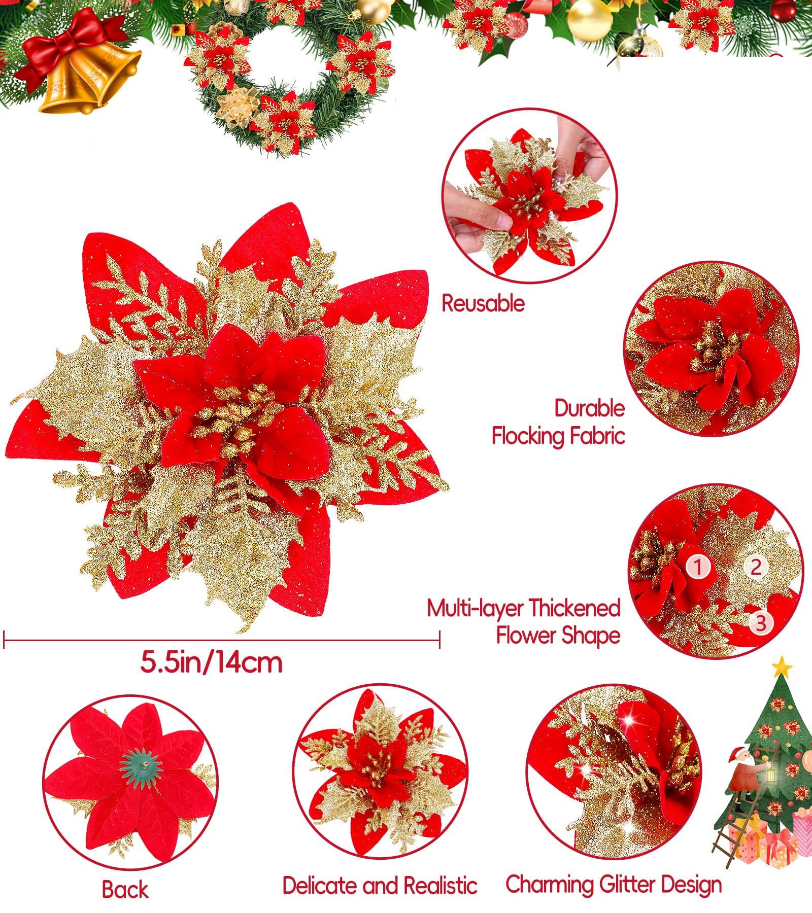 5 pezzi di decorazioni natalizie, fiori artificiali natalizi con clip, decorazioni scintillanti per l'albero di Natale, pendenti natalizi - 4