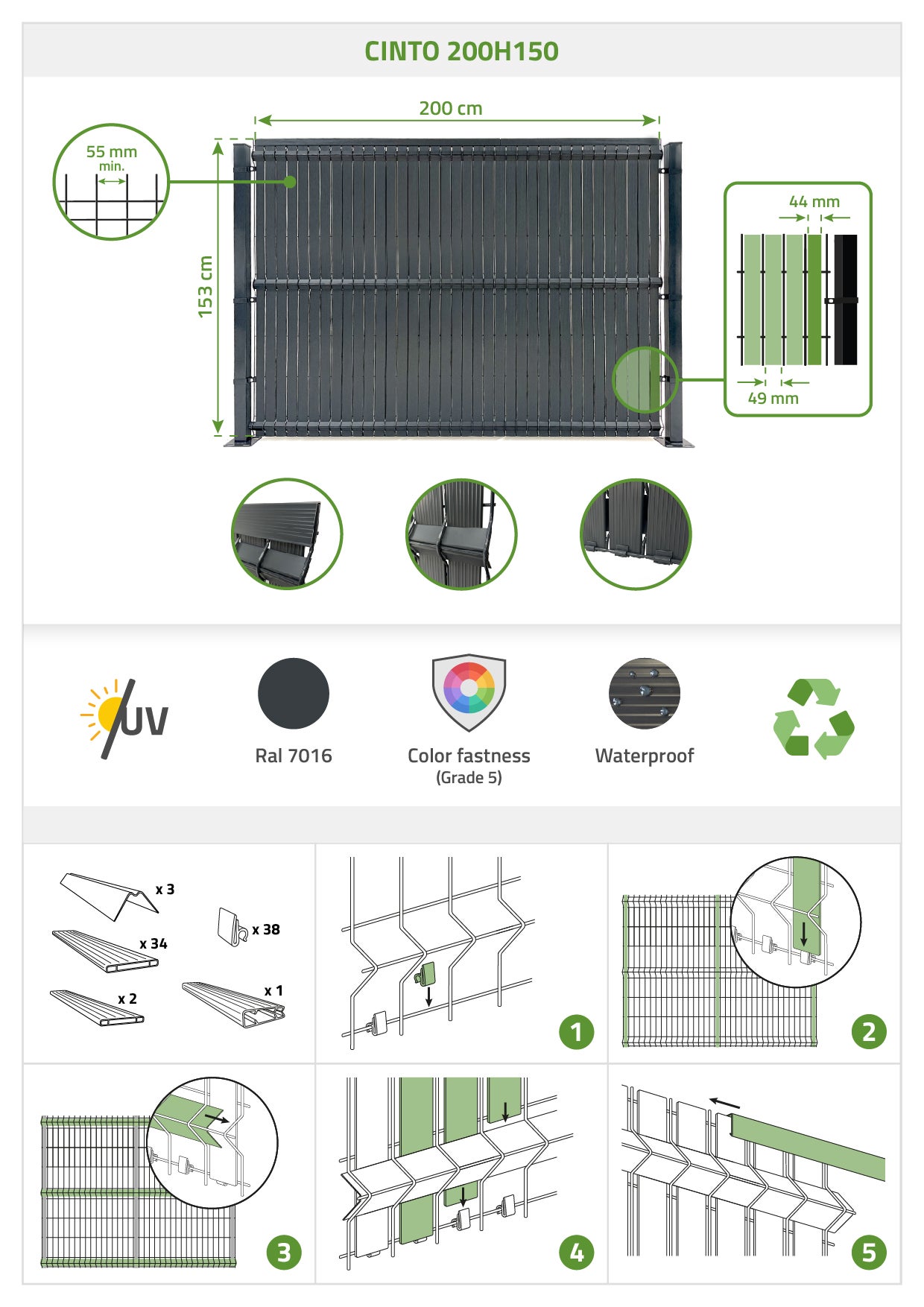 Kit lamelles occultantes PVC 2m CINTO H.150cm Gris - avec clips et profil de finition - 2