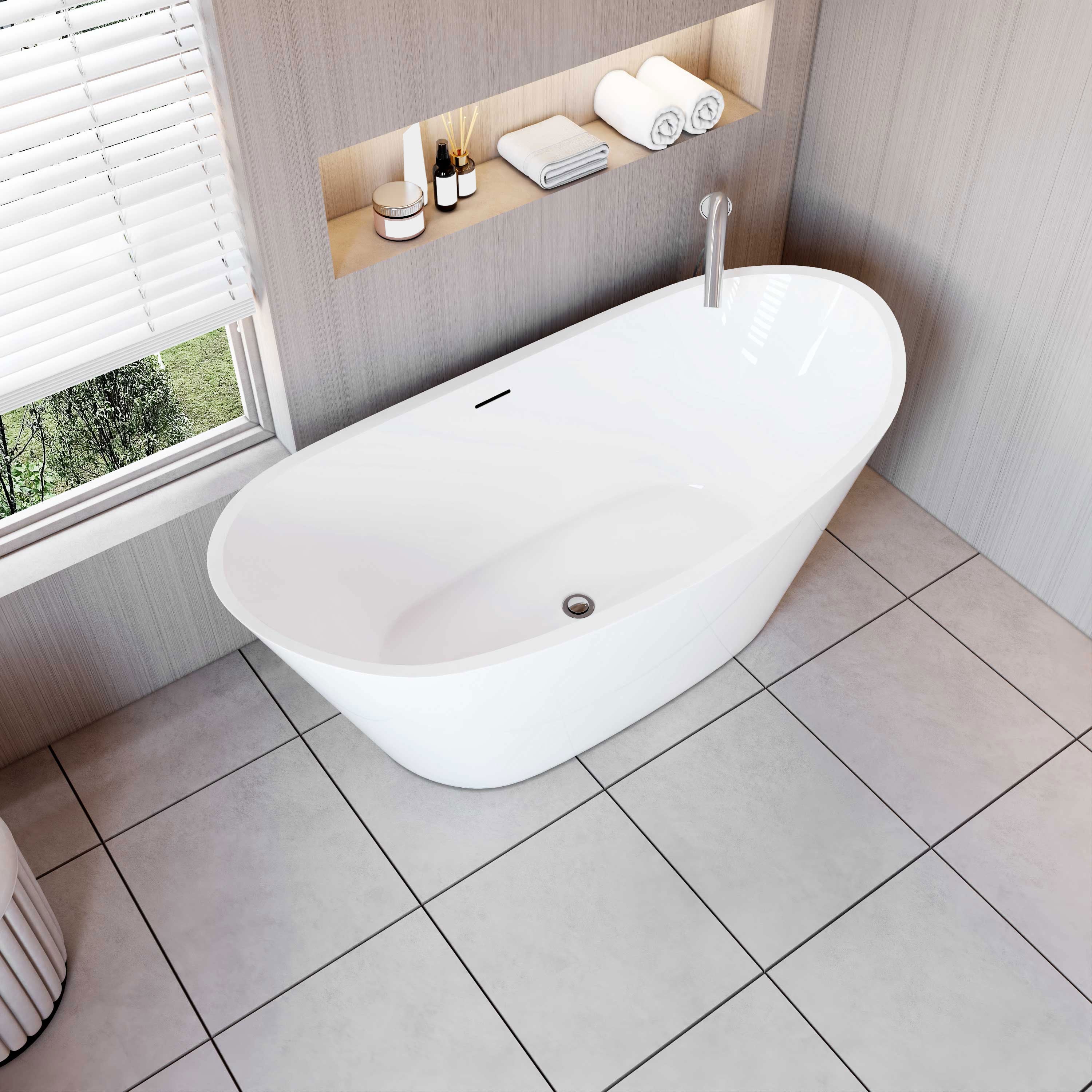 AICA Bañera acrílica exenta lujosa y duradera,1500x720x650mm,estilo ovalado,color blanco,incluye manguera + desagüe - 3