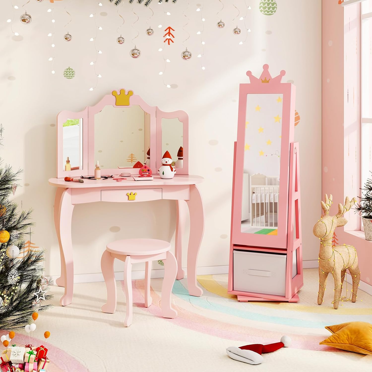 Armoire à Bijoux Enfant Avec Miroir - Thème Licorne Blanc - 18 Crochets Boucles D'oreilles, 13 Crochets Colliers, 64 Emplacements Bagues - Âge 3 Ans Et Plus