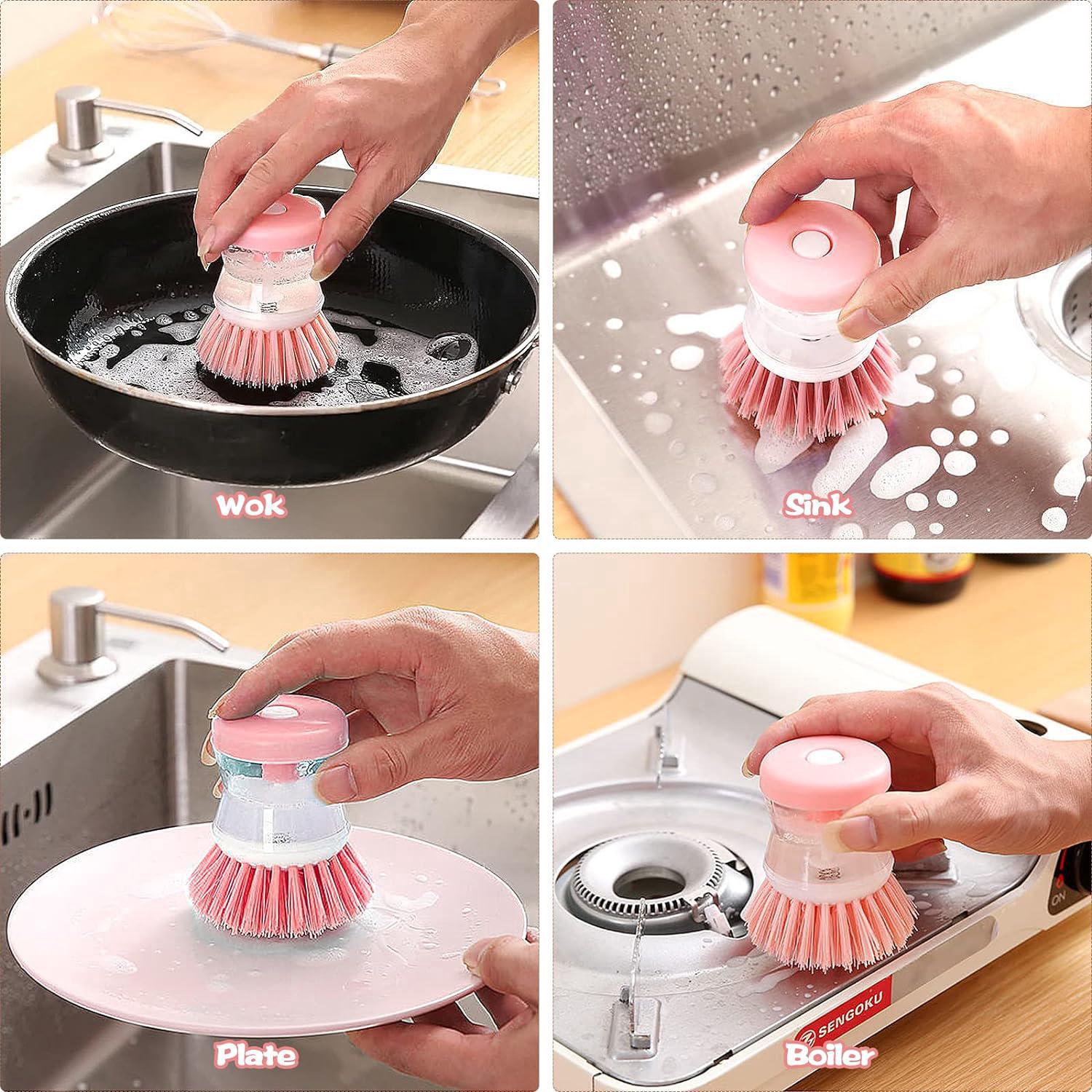 Brosse à vaisselle avec réservoir - Outils de lavage et de nettoyage de cuisine rose Brosse à casserole pour nettoyer l'évier de la casserole - 5