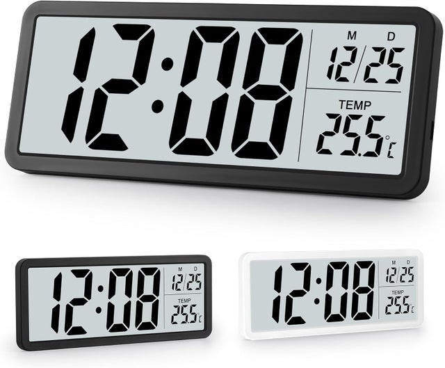Horloge murale numérique, format 12/24 heures, horloge de température et d'humidité, peut être suspendue ou posée, noire