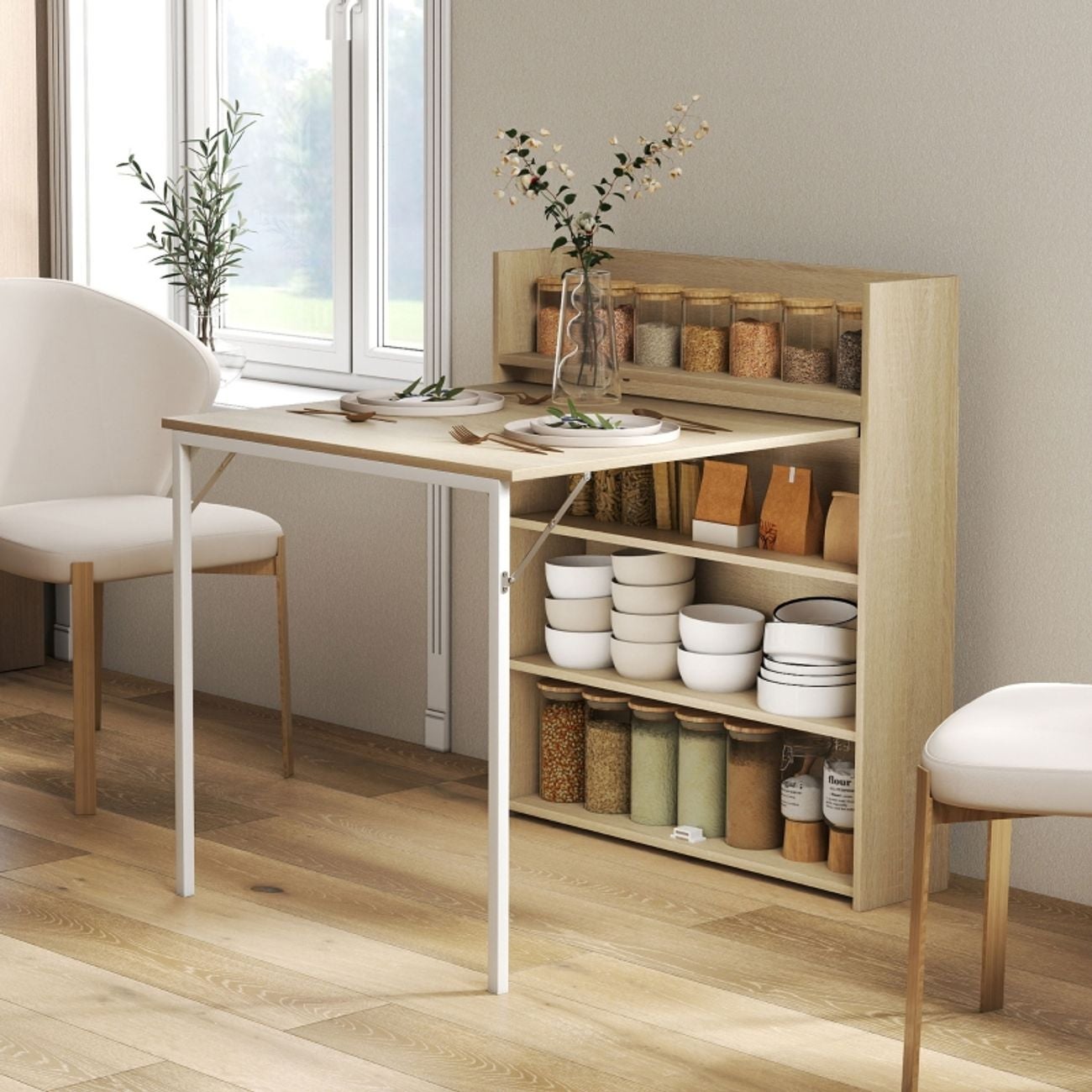 Table pliante en bois aspect chêne avec 3 étagères, 91 x 78,5 x 93 cm ...